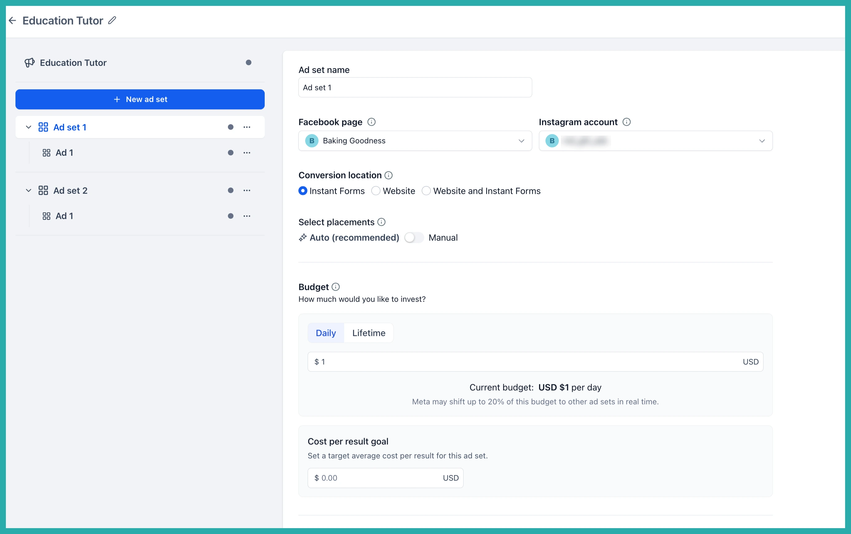 ESC Hub Ad Manager campaign builder showing Meta campaign and ad set budget options