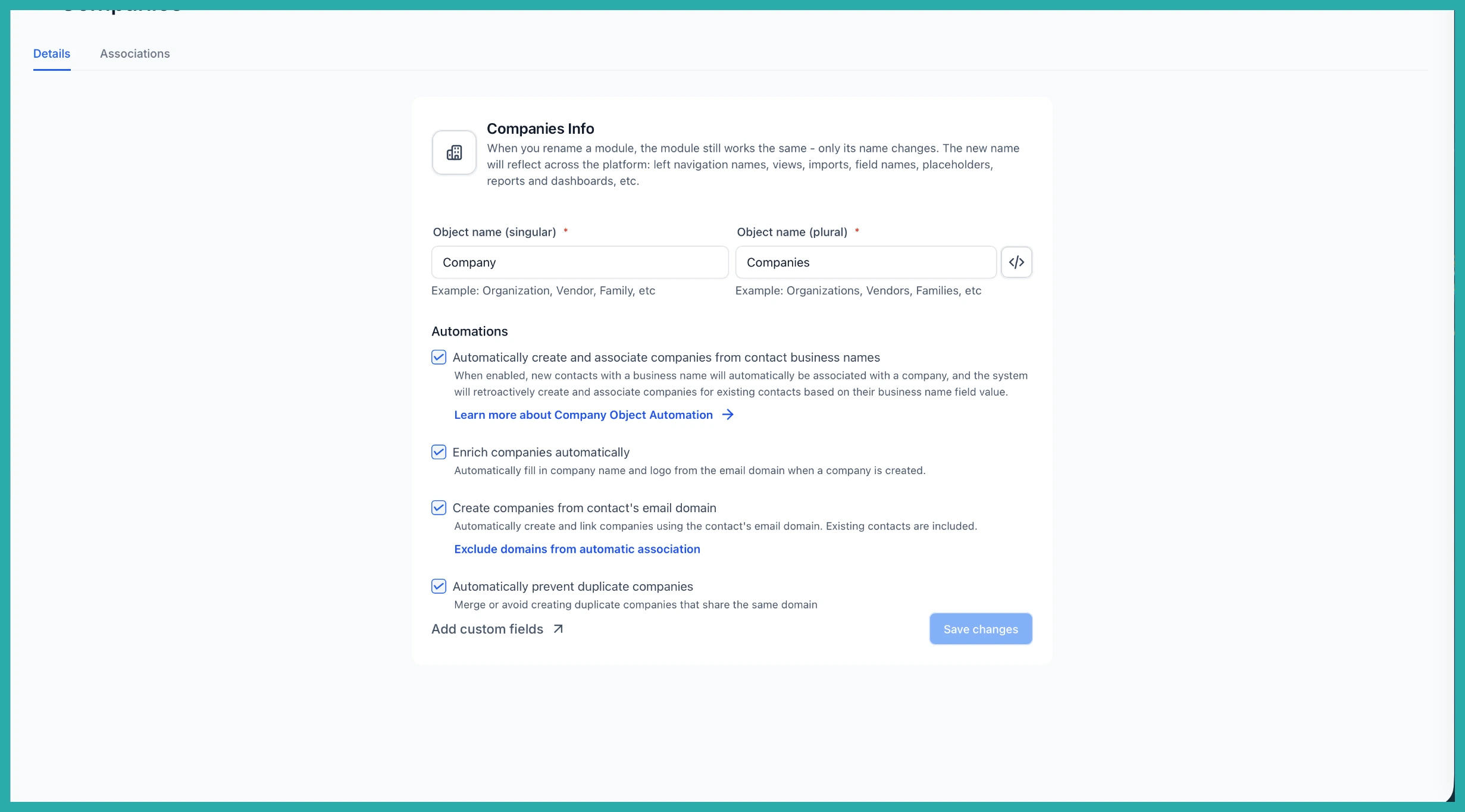 ESC Hub Companies automation settings for creating and associating companies by email domain