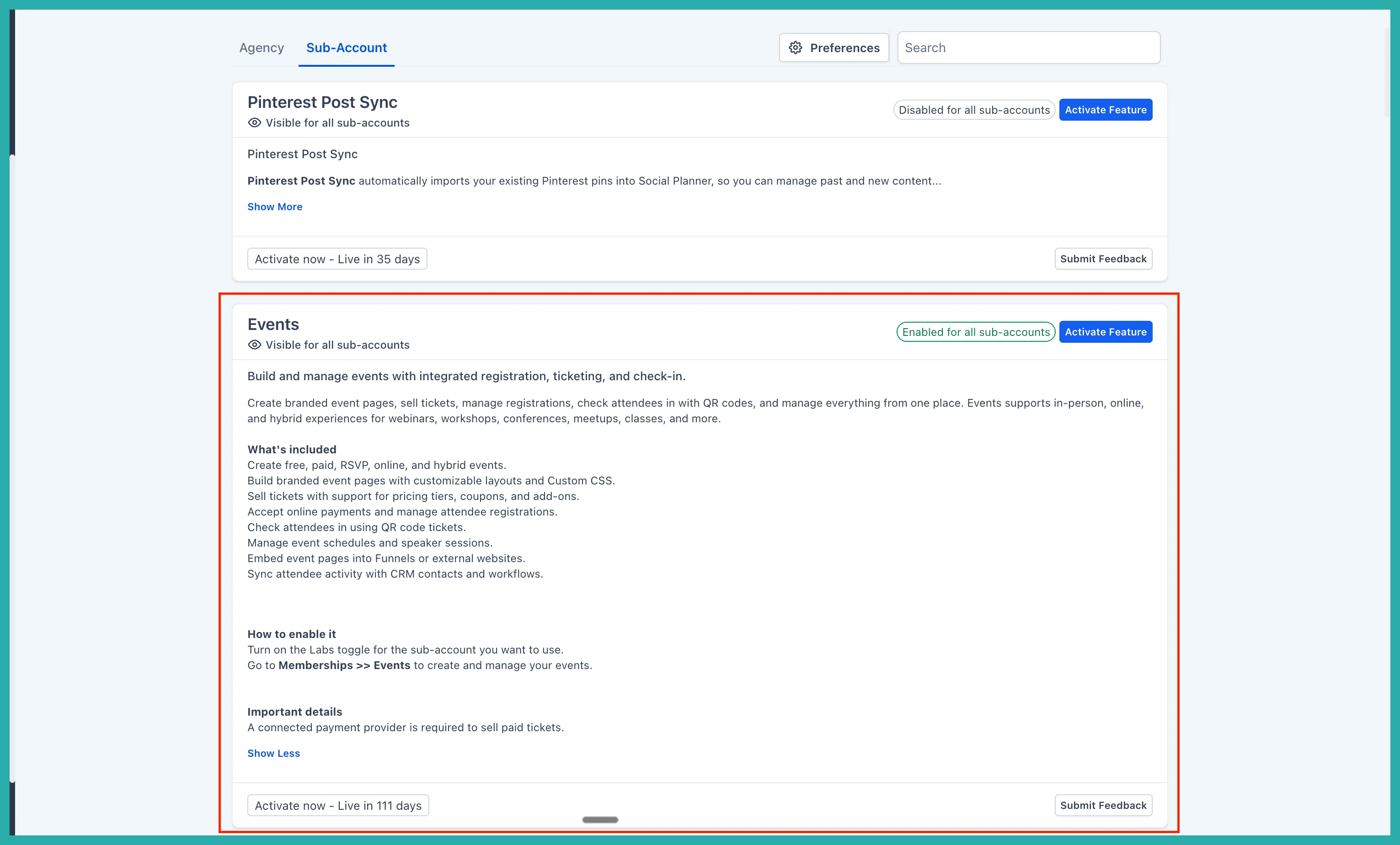 ESC Hub Events dashboard showing event creation, ticketing, and attendee check-in