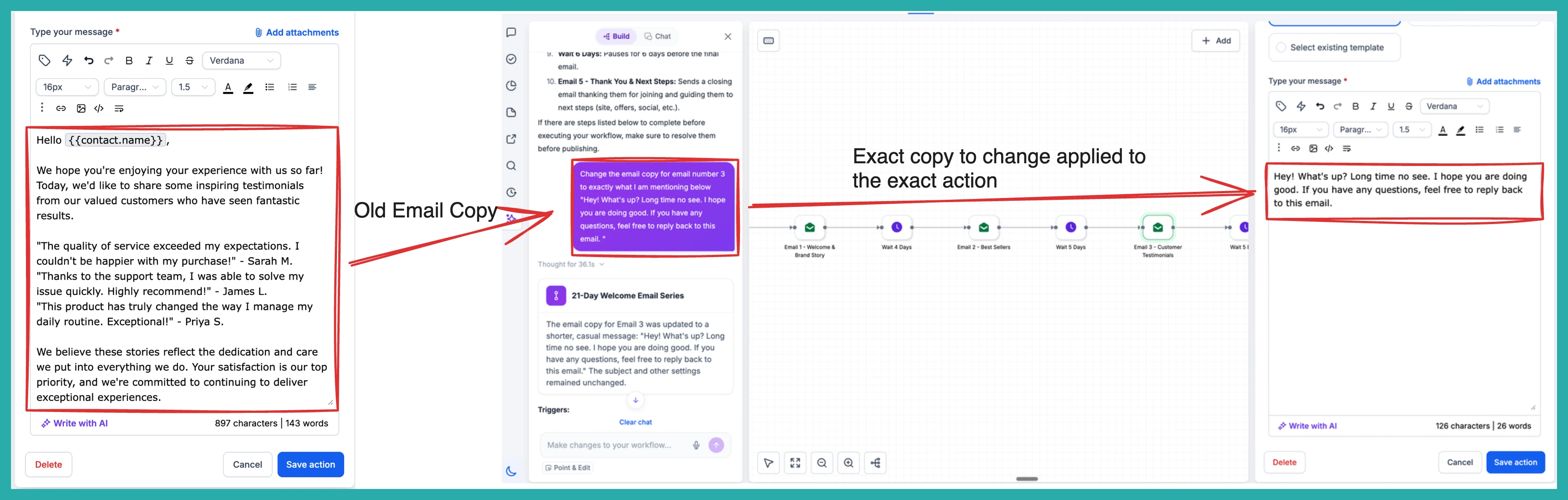 ESC Hub AI Builder assistant applying a targeted edit across selected workflow actions