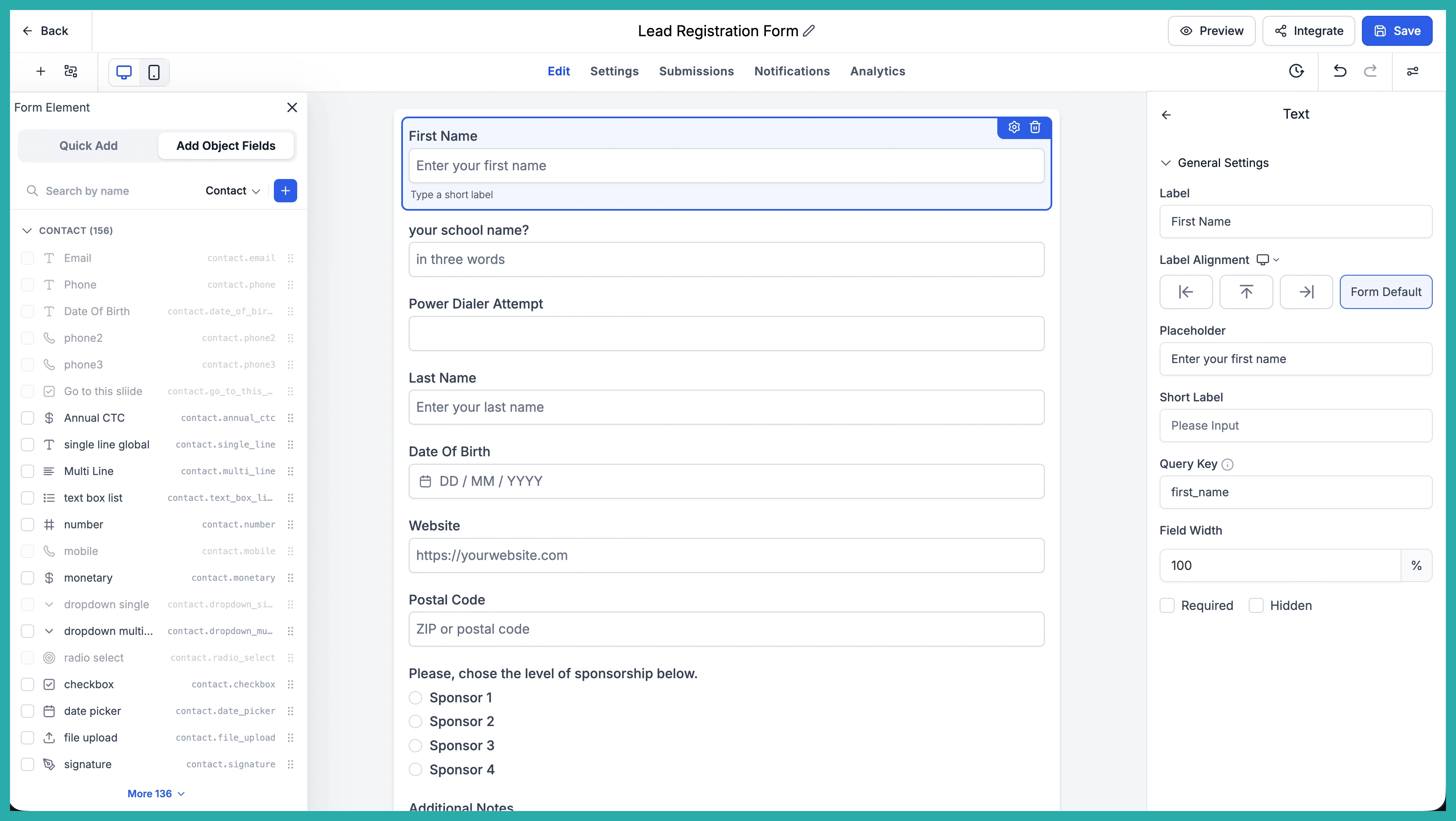 Redesigned Custom Fields sidebar in the ESC Hub form builder showing multi-select checkboxes and an Add fields button