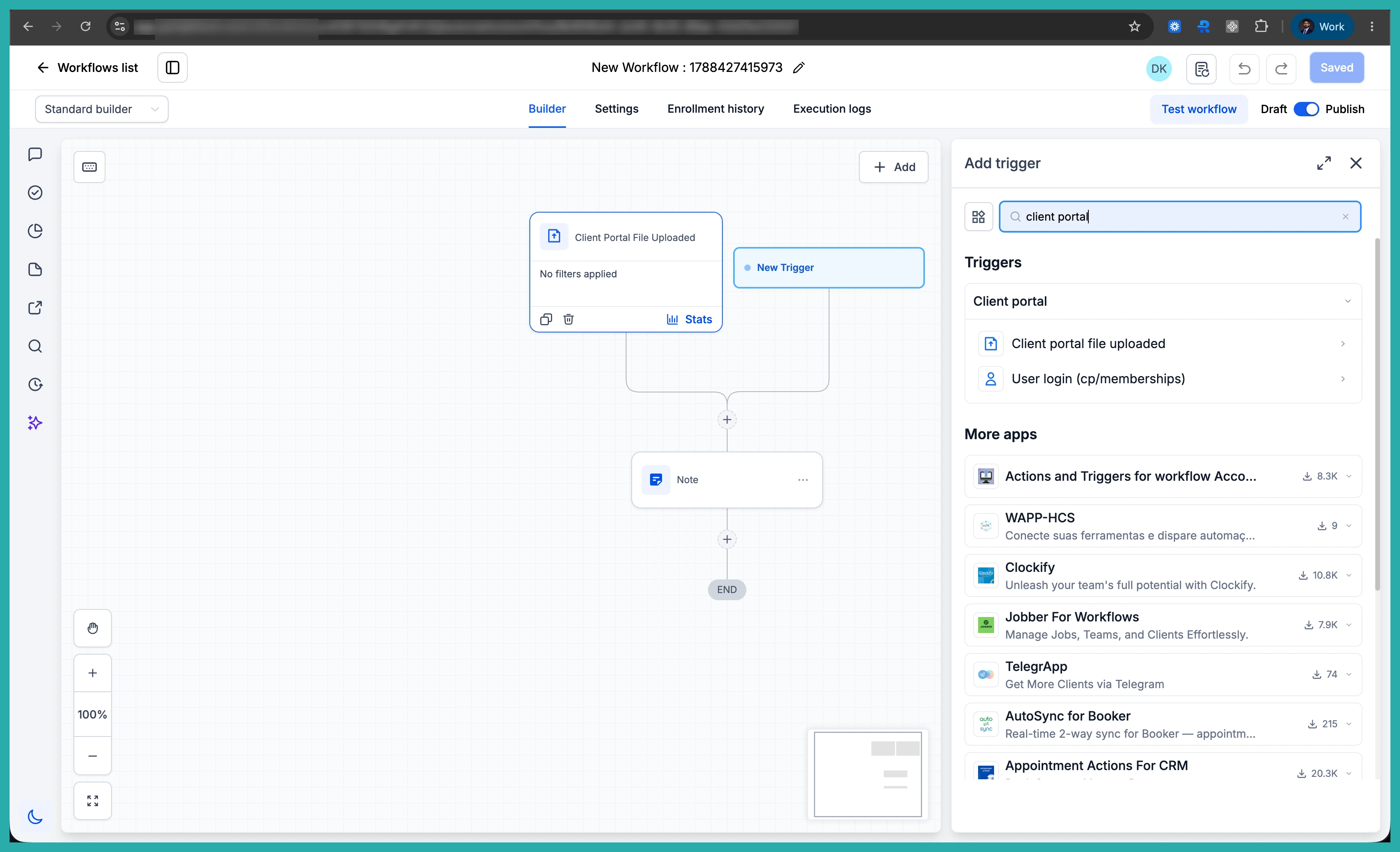 Workflow trigger picker in ESC Hub showing the new Client Portal category with the User login trigger selected