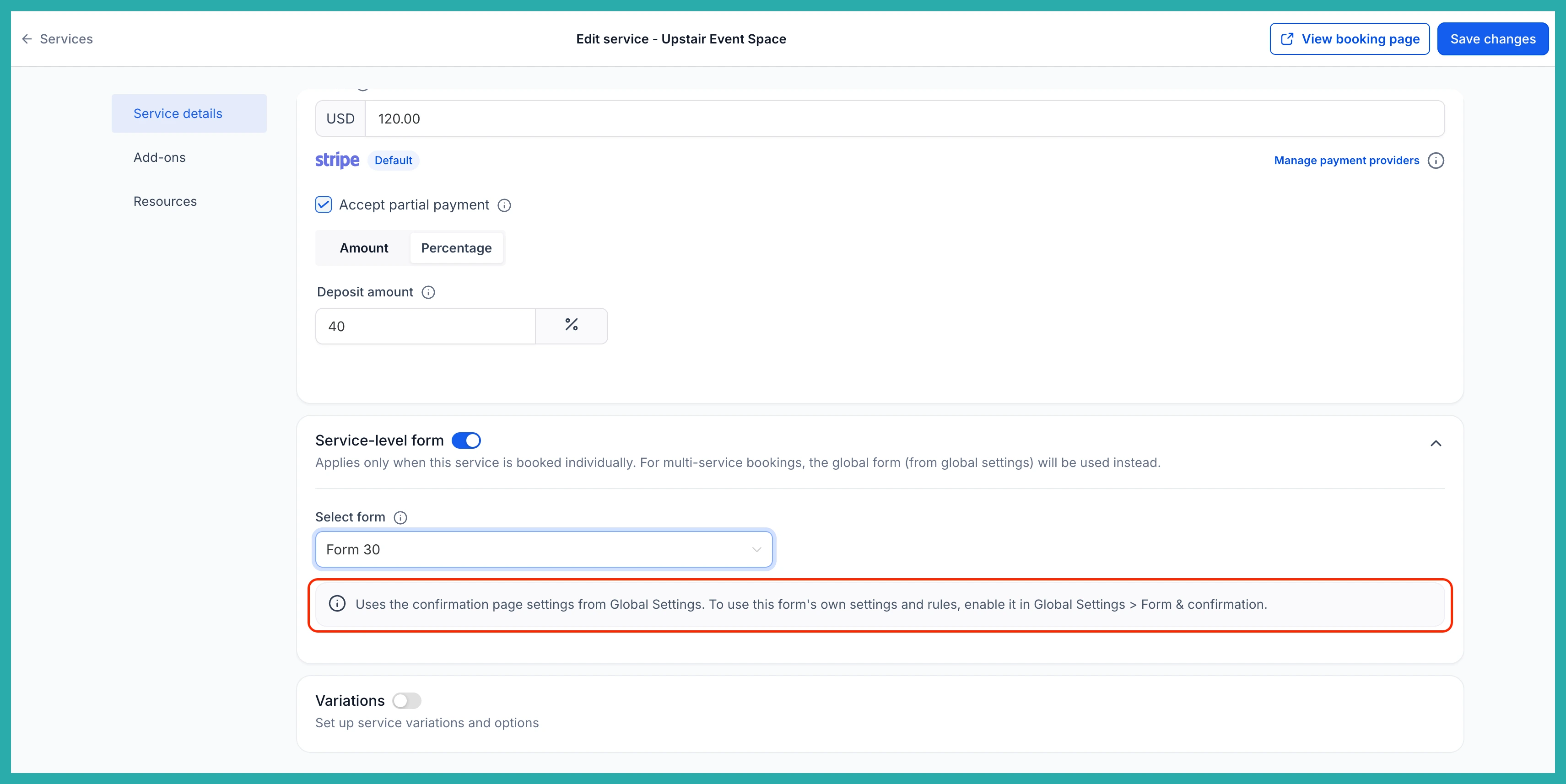 ESC Hub Services and Rentals global settings showing the option to let a custom form override confirmation rules