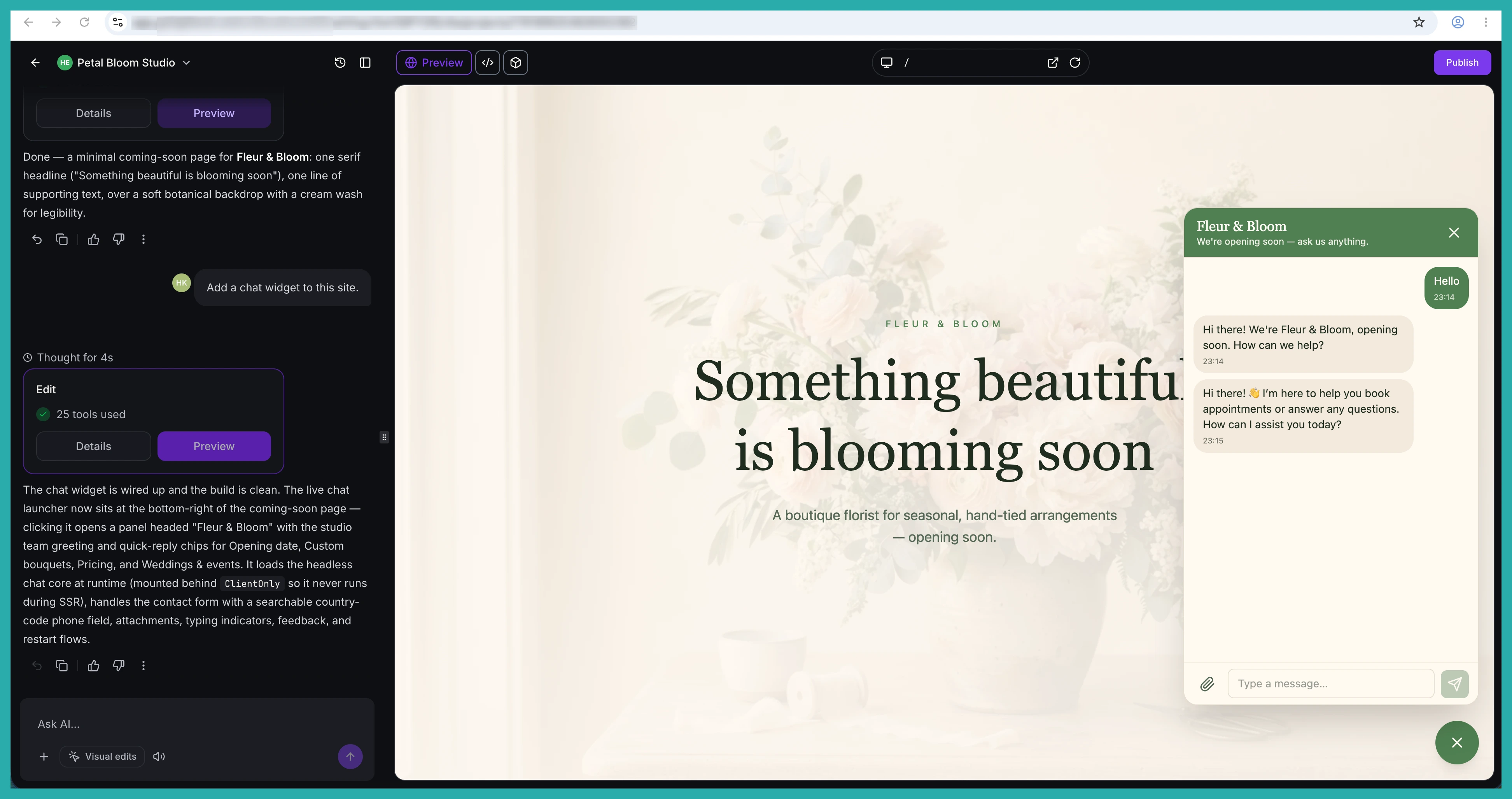 AI Studio showing a chat widget built into an app that matches the site design