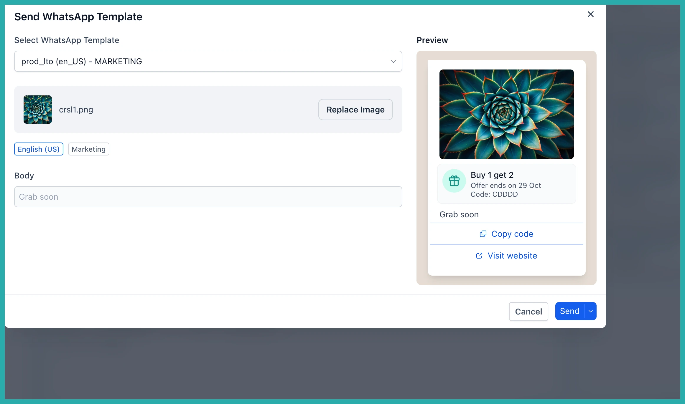 ESC Hub WhatsApp limited time offer template showing a countdown clock, discount code, and copy and buy buttons in a customer chat