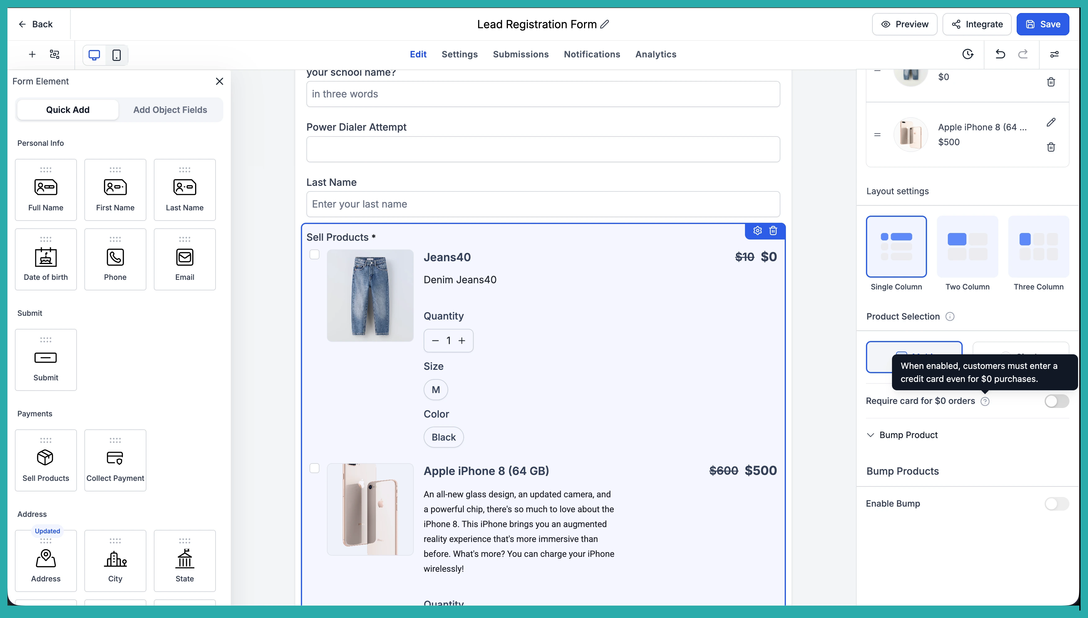 ESC Hub Sell Products element settings showing the Require card for $0 orders toggle