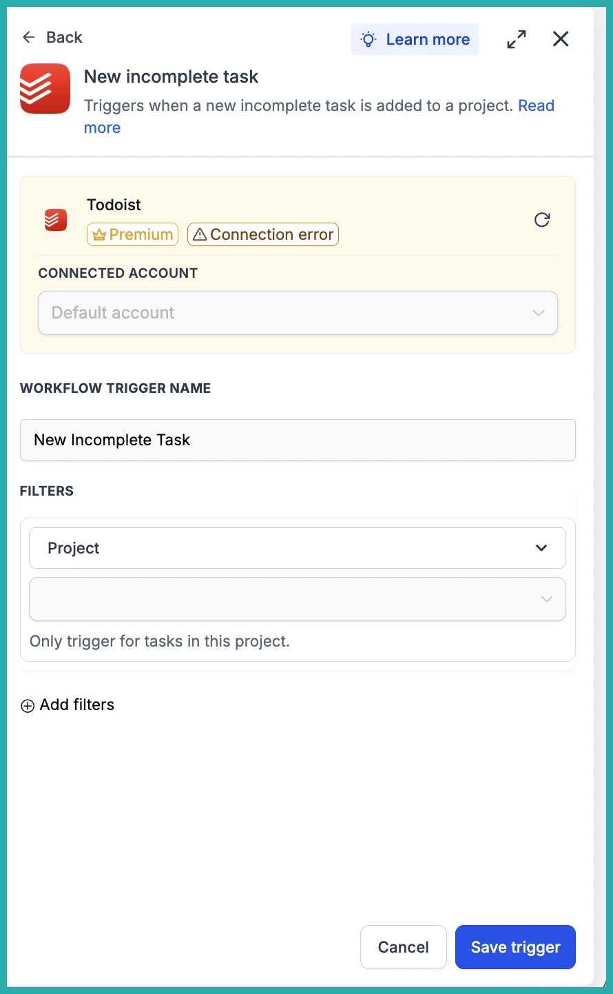 ESC Hub Workflow Builder showing the Todoist integration triggers and actions