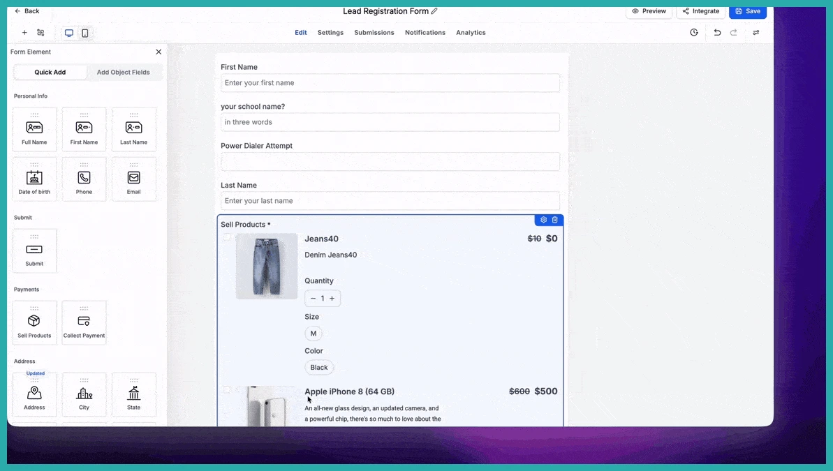 ESC Hub Sell Products element settings showing the Require card for $0 orders toggle