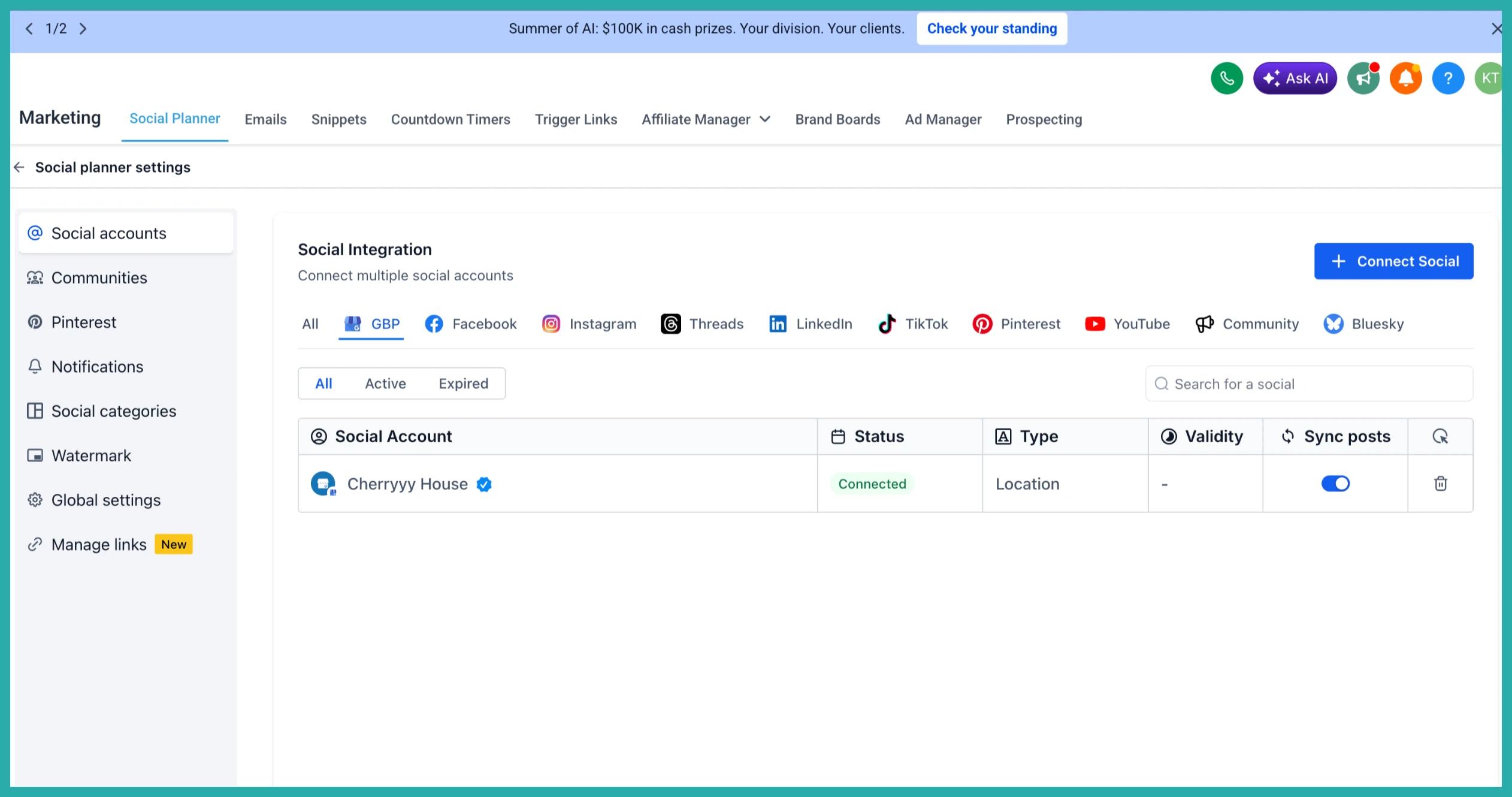 ESC Hub Social Planner settings showing the Google Business Profile Post Sync option