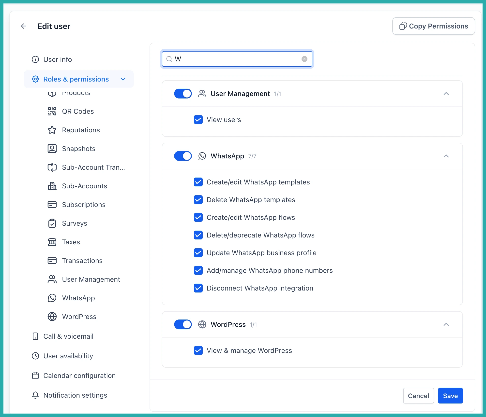 ESC Hub Roles and permissions screen showing the new WhatsApp permission section with seven toggles