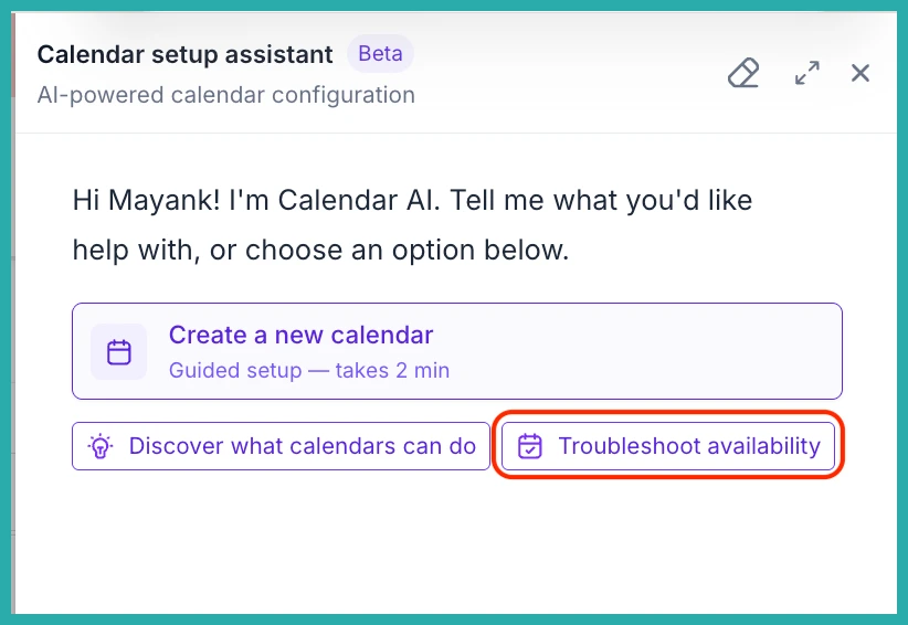 ESC Hub Calendar AI answering a plain-language question about why a slot isn't available
