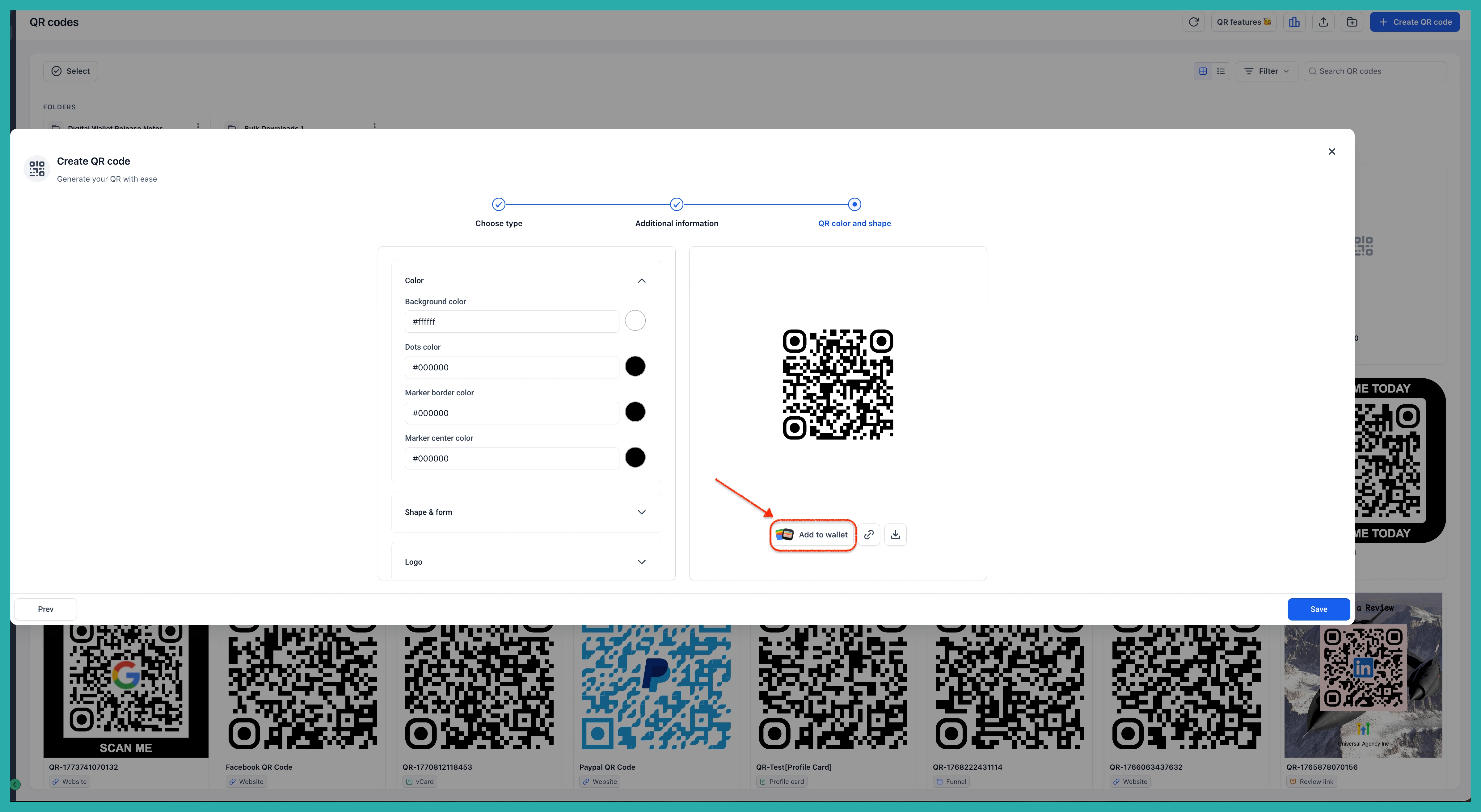 ESC Hub QR Code Builder showing the option to save a QR code to Apple or Google Wallet