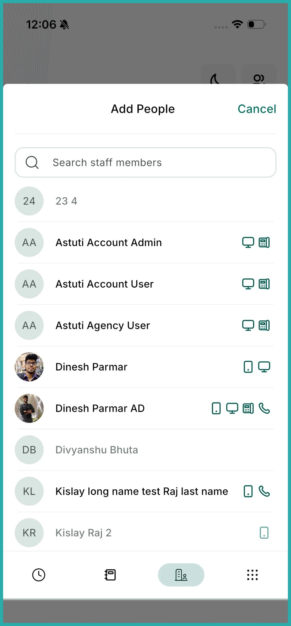 ESC Hub mobile app active call screen showing the transfer call icon and staff member list