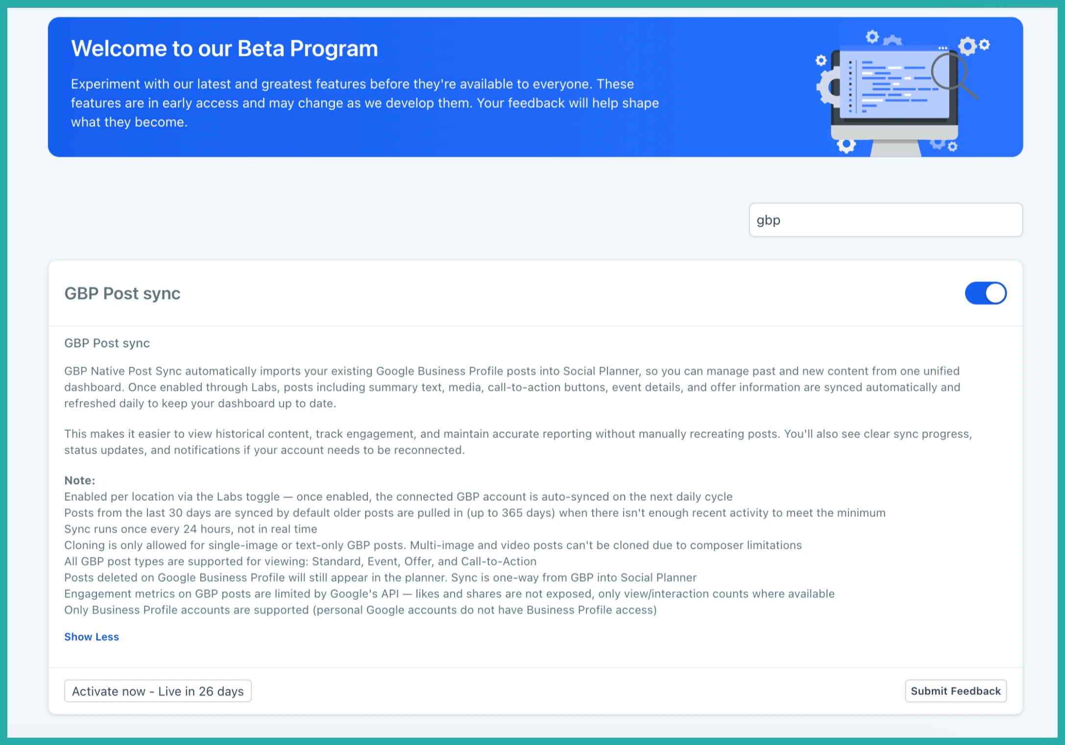 ESC Hub Social Planner settings showing the Google Business Profile Post Sync option