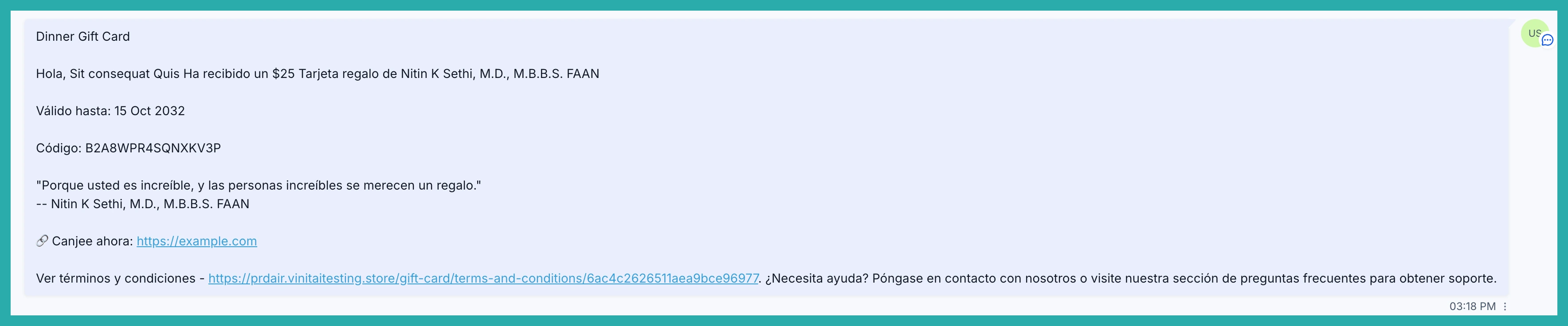 ESC Hub gift card send flow showing a localized communication preview