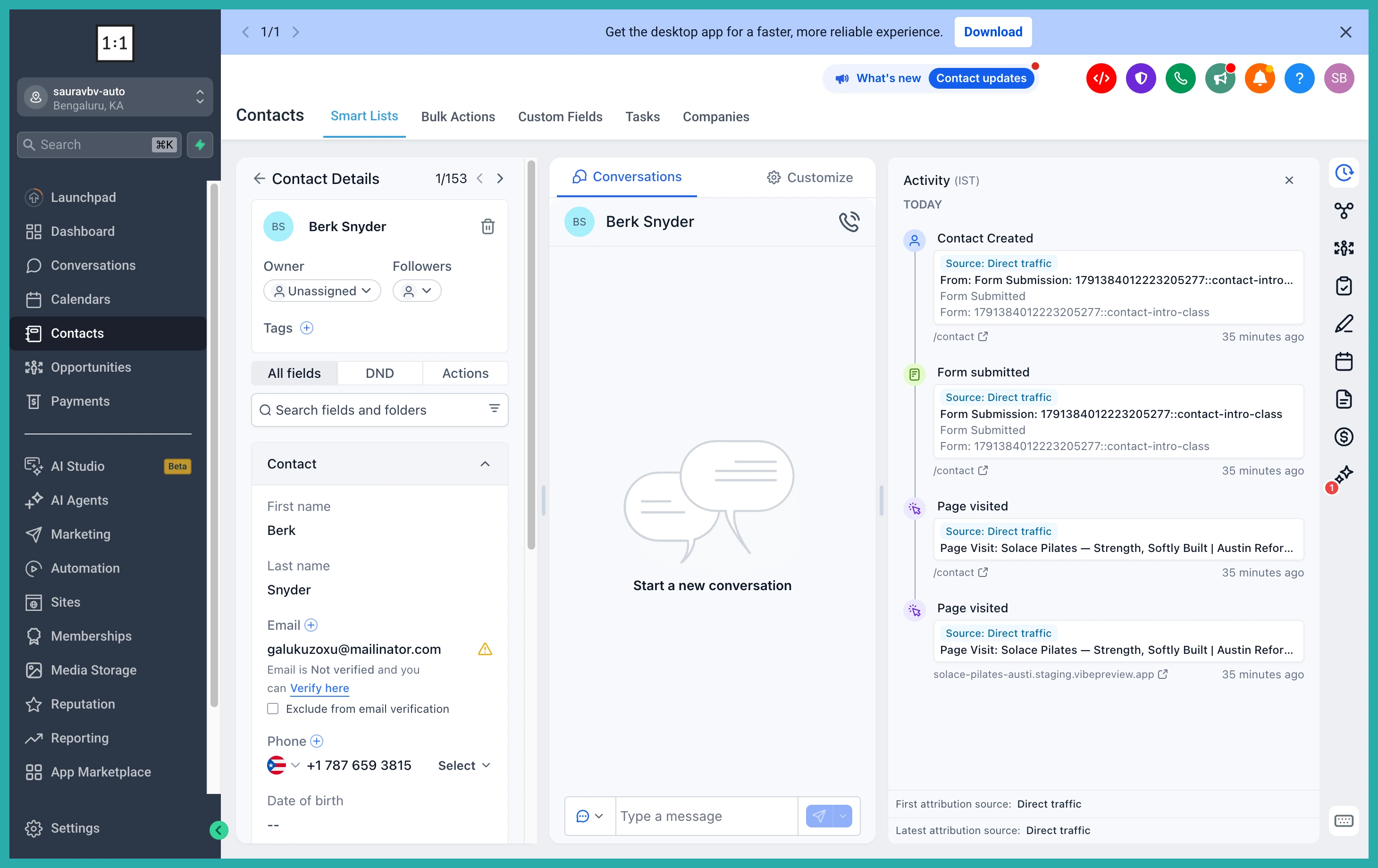 AI Studio site analytics overview showing page views, opt-ins and opt-in rate