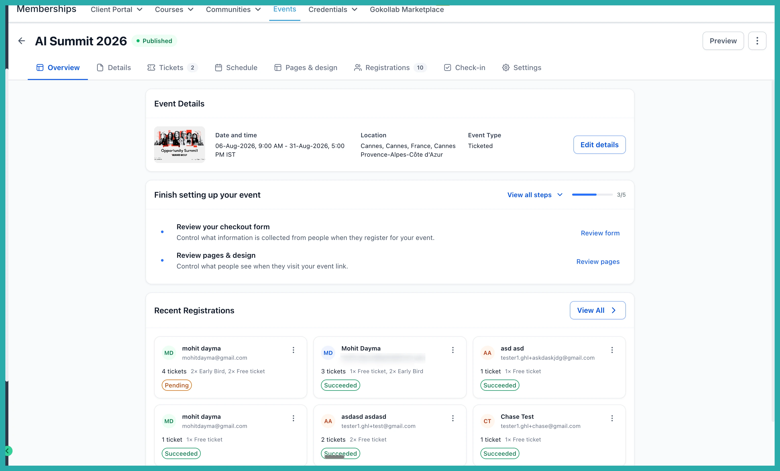 ESC Hub Events dashboard showing event creation, ticketing, and attendee check-in