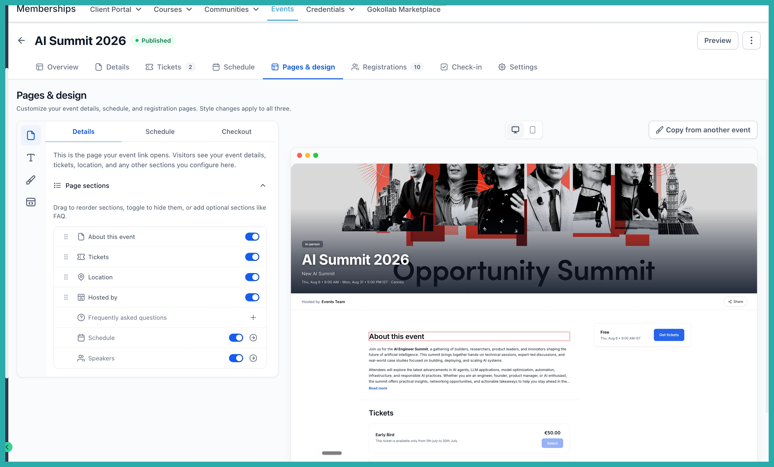 ESC Hub Events dashboard showing event creation, ticketing, and attendee check-in