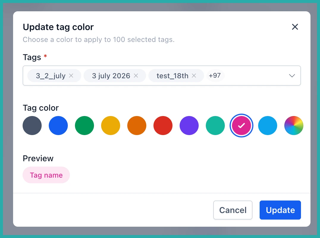 Tags management page showing multiple tags selected with a bulk colour update option