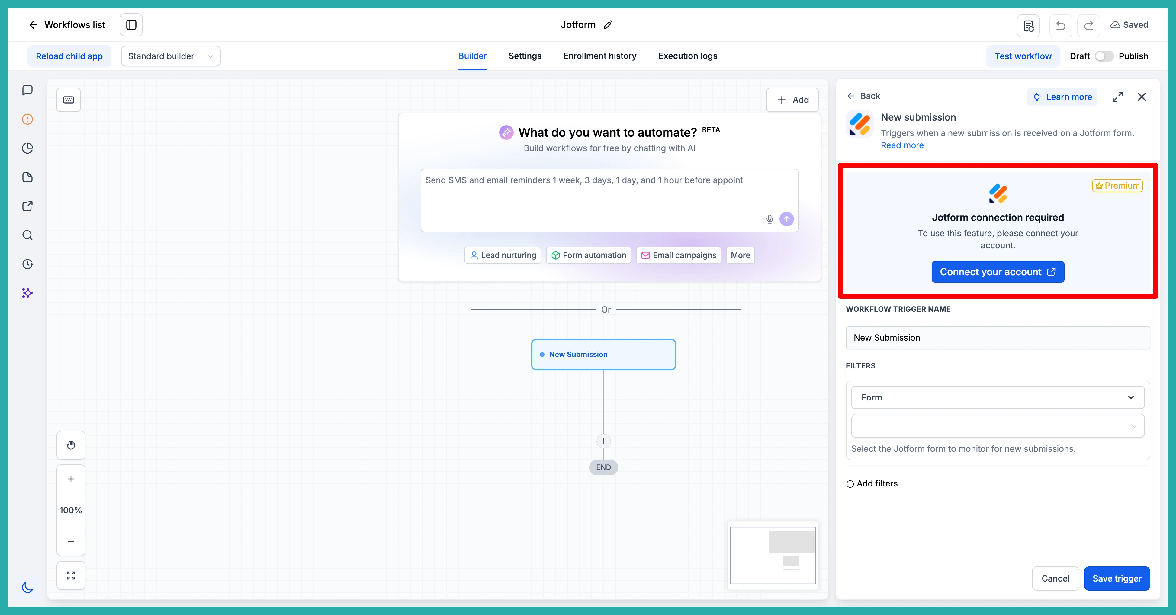 ESC Hub Workflow Builder showing Jotform triggers and actions being connected and mapped
