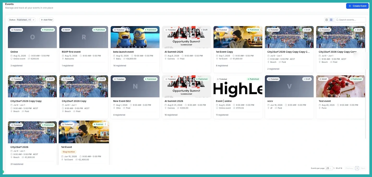 ESC Hub Events dashboard showing event creation, ticketing, and attendee check-in