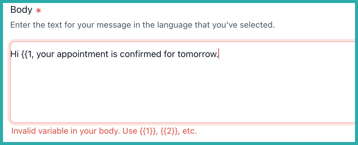 ESC Hub WhatsApp template builder showing inline variable validation flagging an invalid placeholder