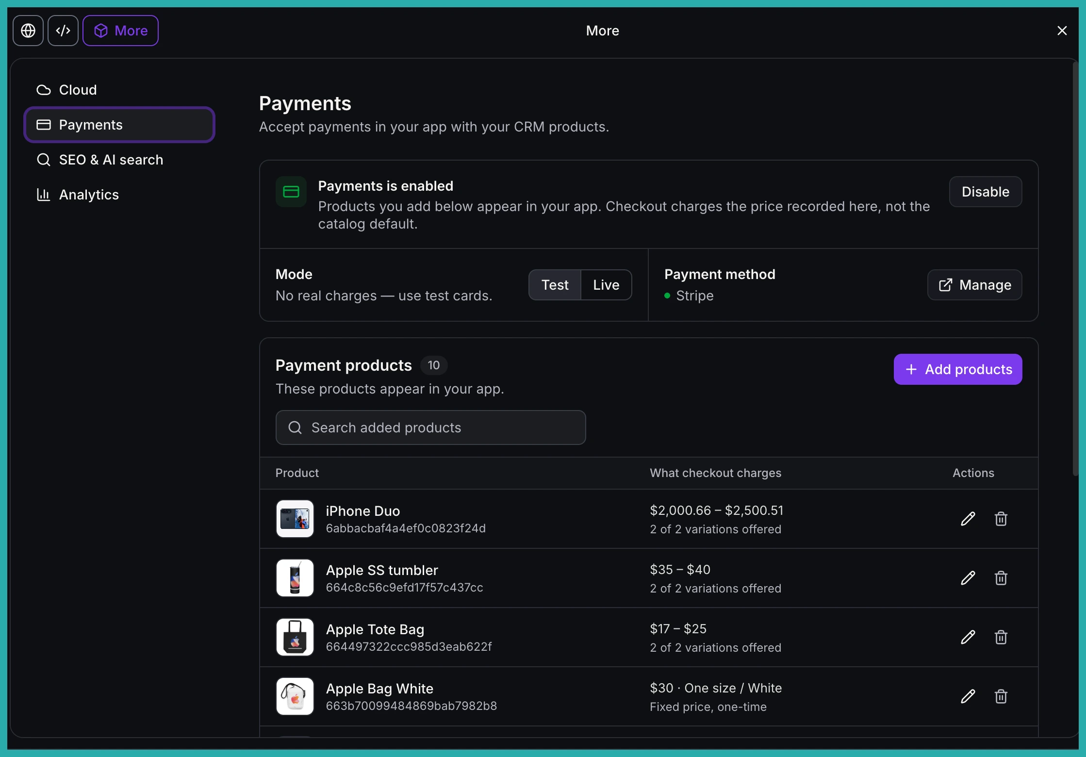 AI Studio Payments settings tab with products connected and a hosted checkout