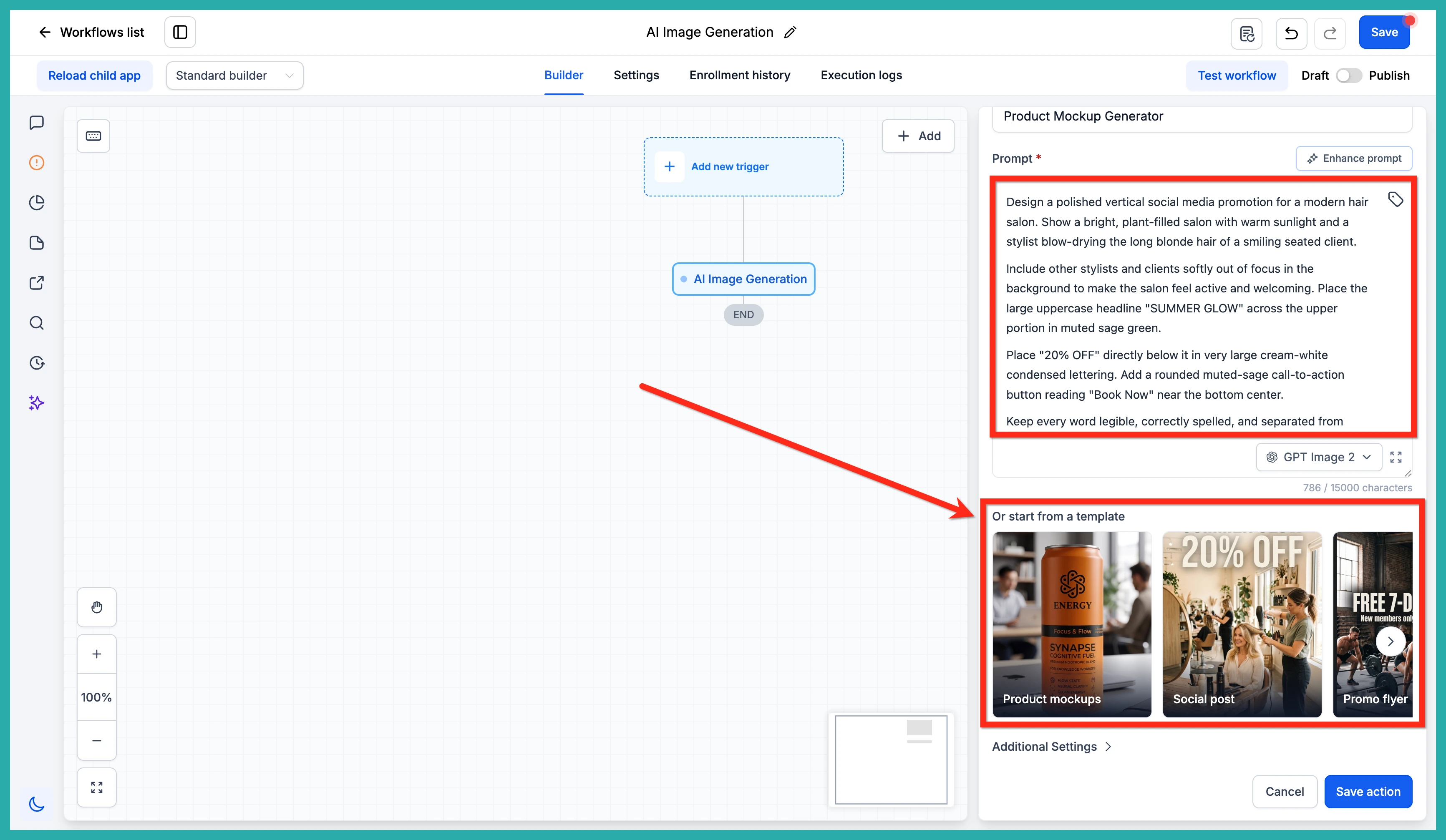 AI Image Generation action being set up inside an ESC Hub workflow