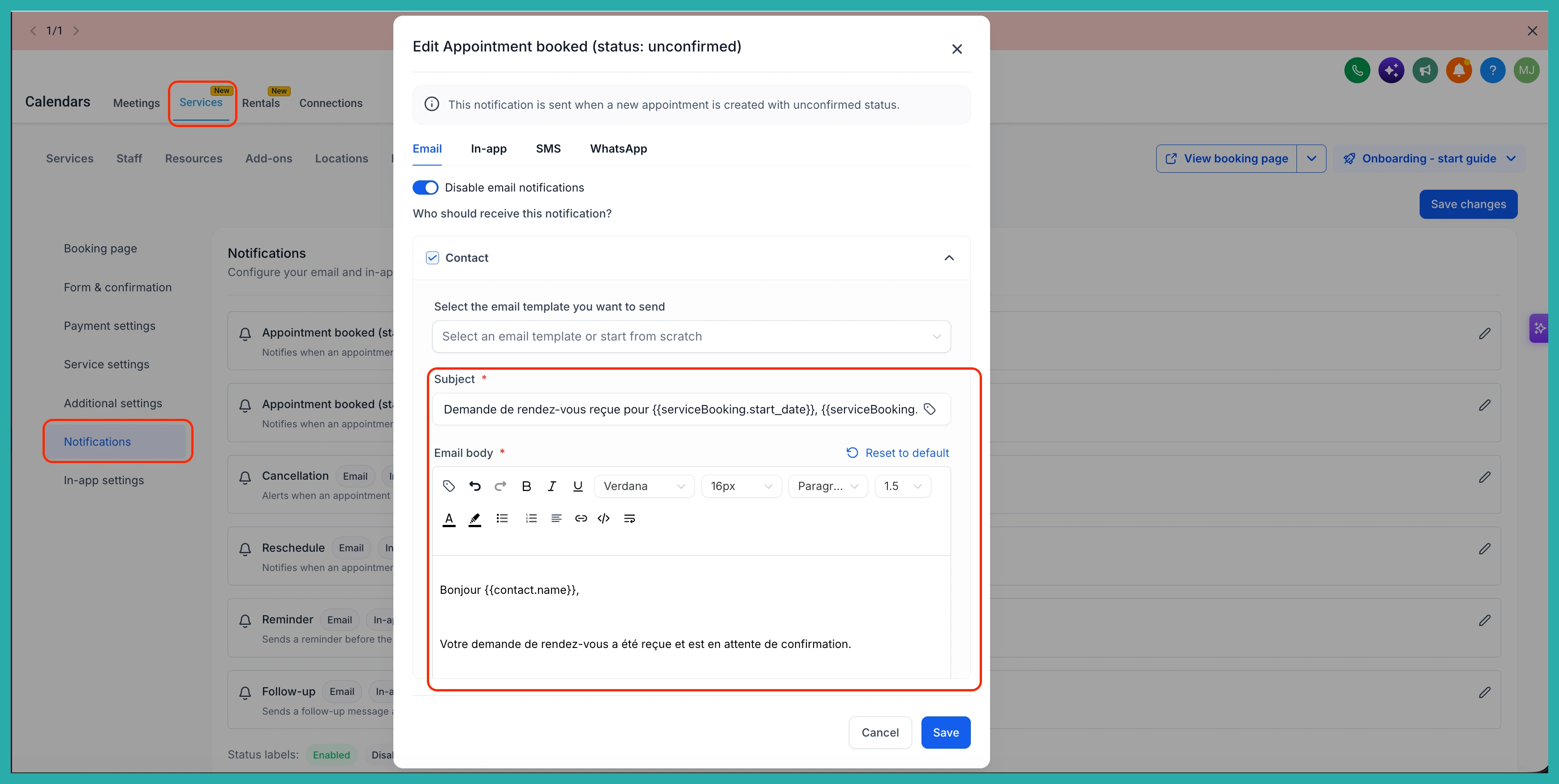 ESC Hub calendar notification settings showing localized default templates