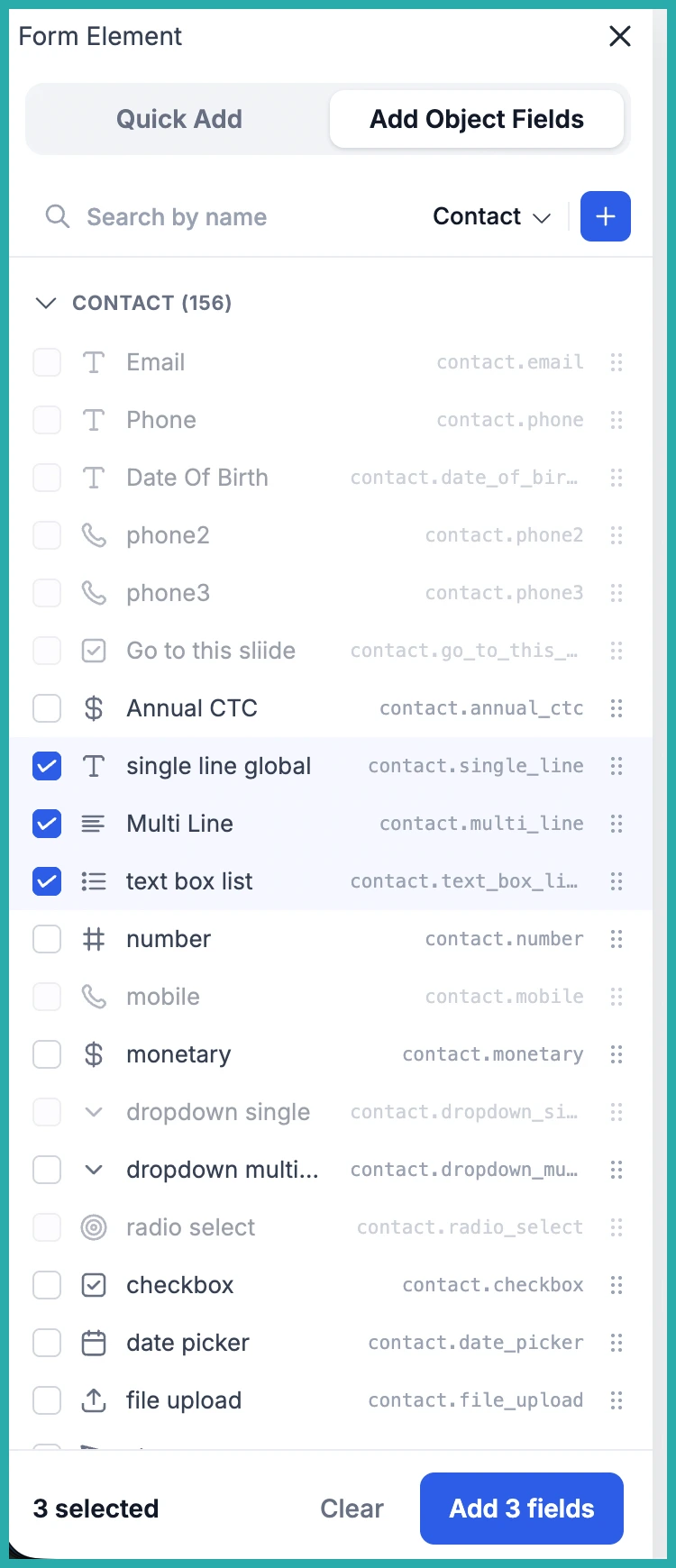 Redesigned Custom Fields sidebar in the ESC Hub form builder showing multi-select checkboxes and an Add fields button