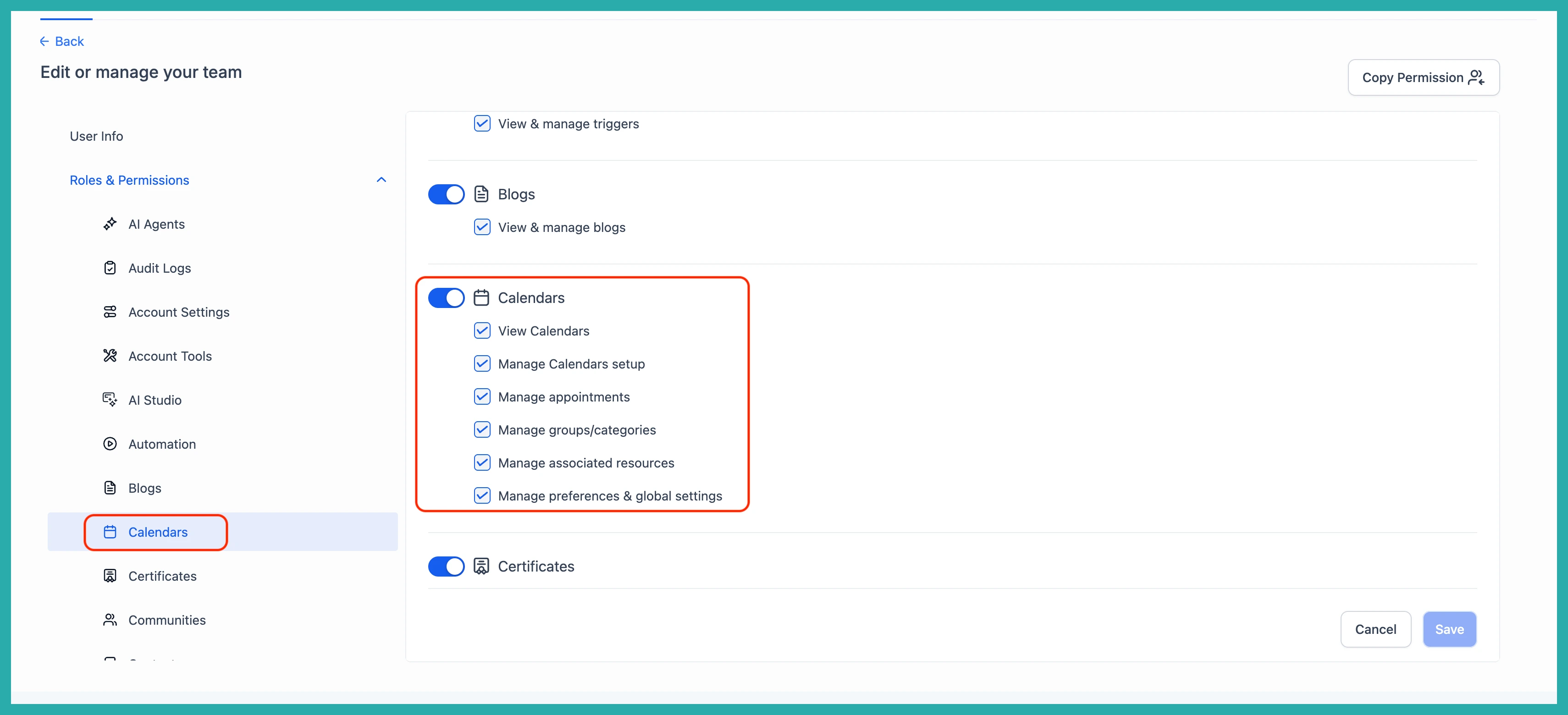 ESC Hub Roles and Permissions screen showing calendar permission options for a team member