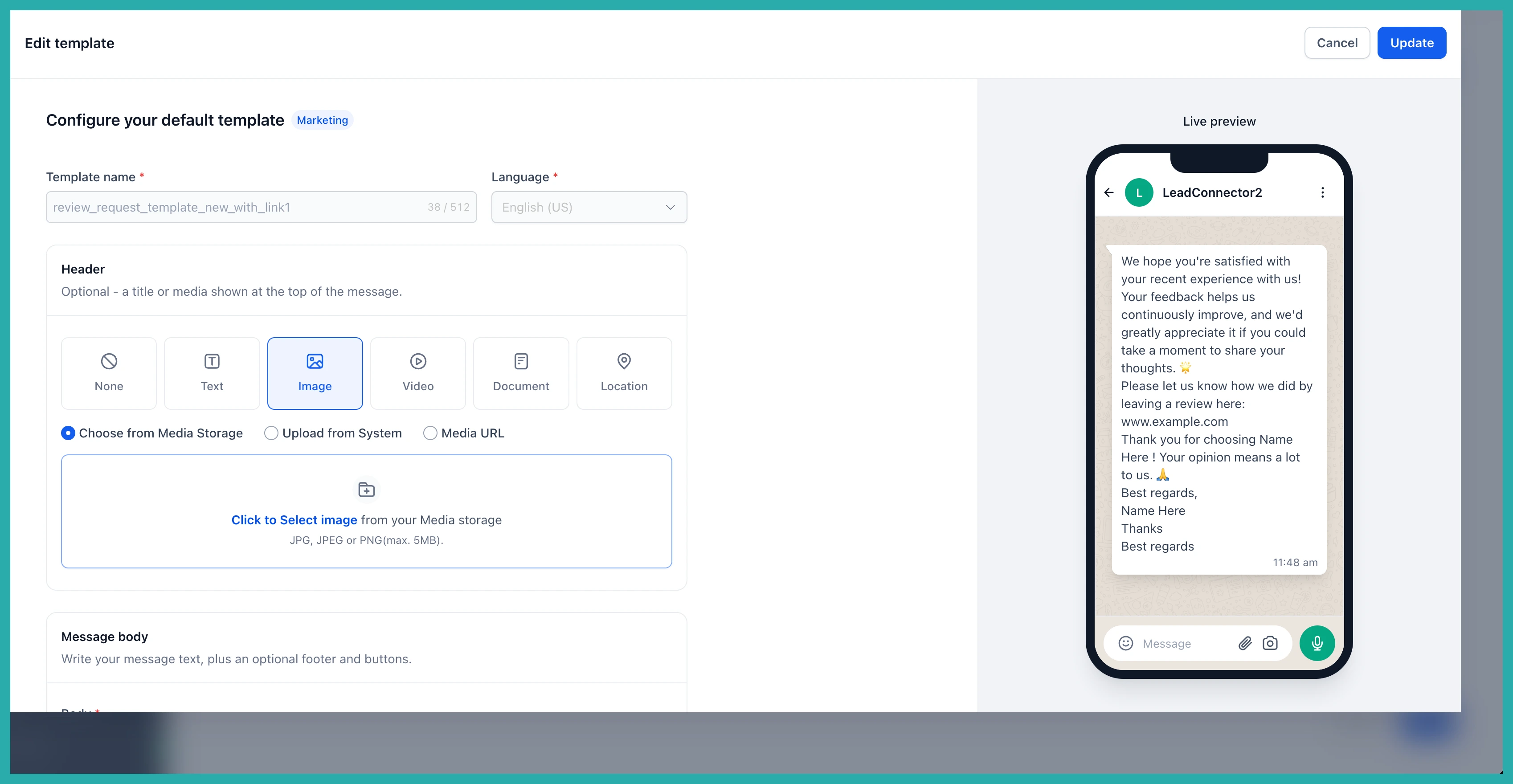 Rebuilt ESC Hub WhatsApp template builder showing a live phone preview alongside the editing fields