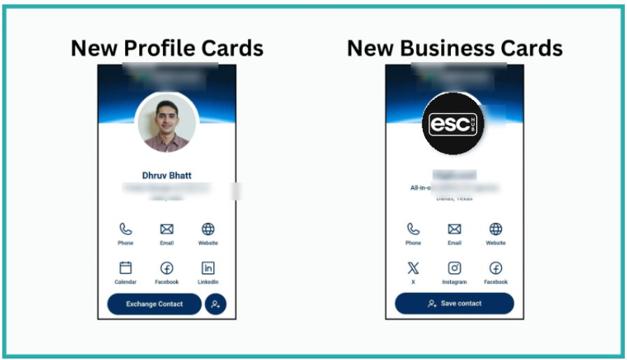 ESC Hub QR Code builder showing a redesigned digital business card with custom colours and links