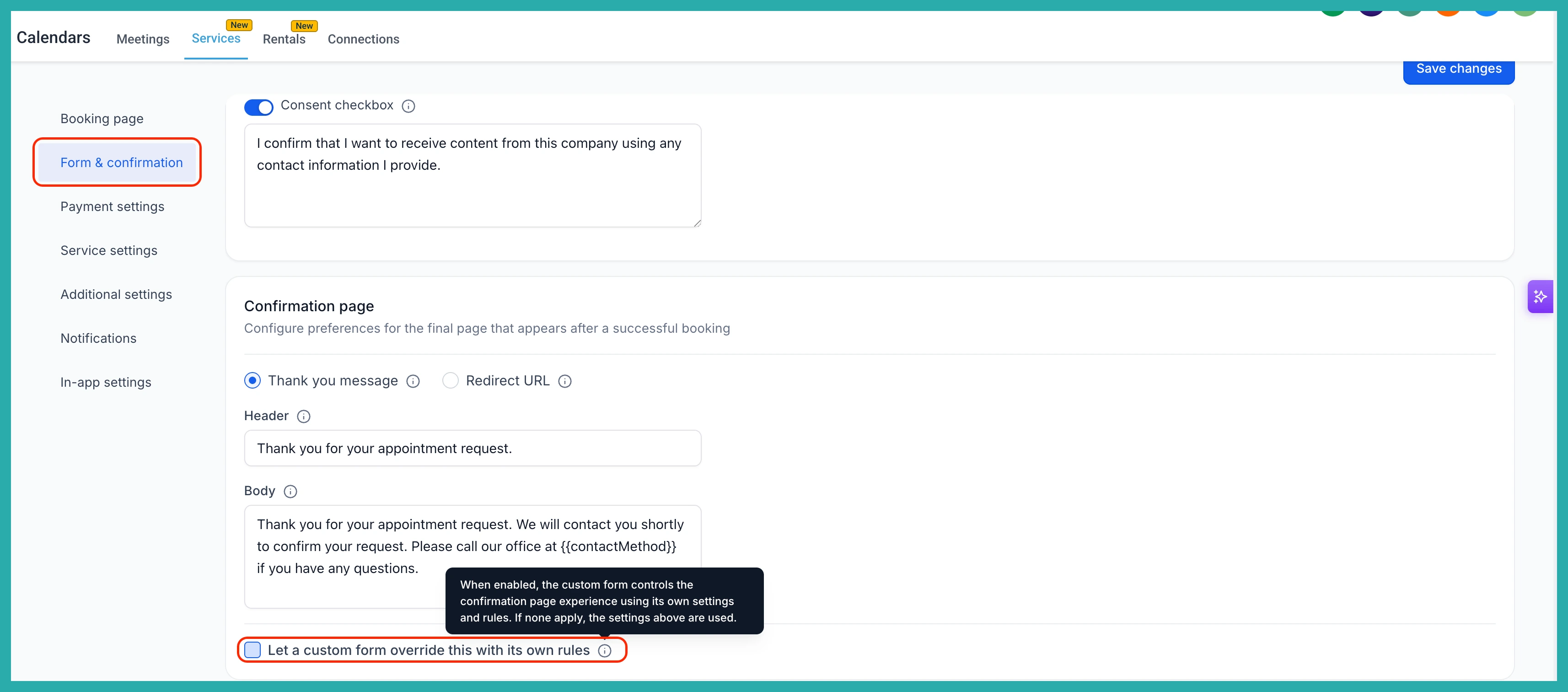 ESC Hub Services and Rentals global settings showing the option to let a custom form override confirmation rules