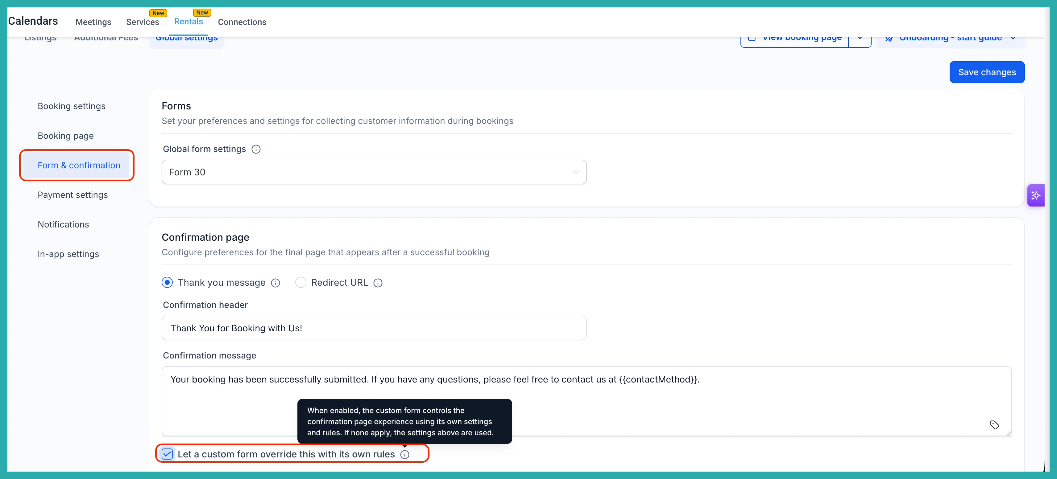 ESC Hub Services and Rentals global settings showing the option to let a custom form override confirmation rules