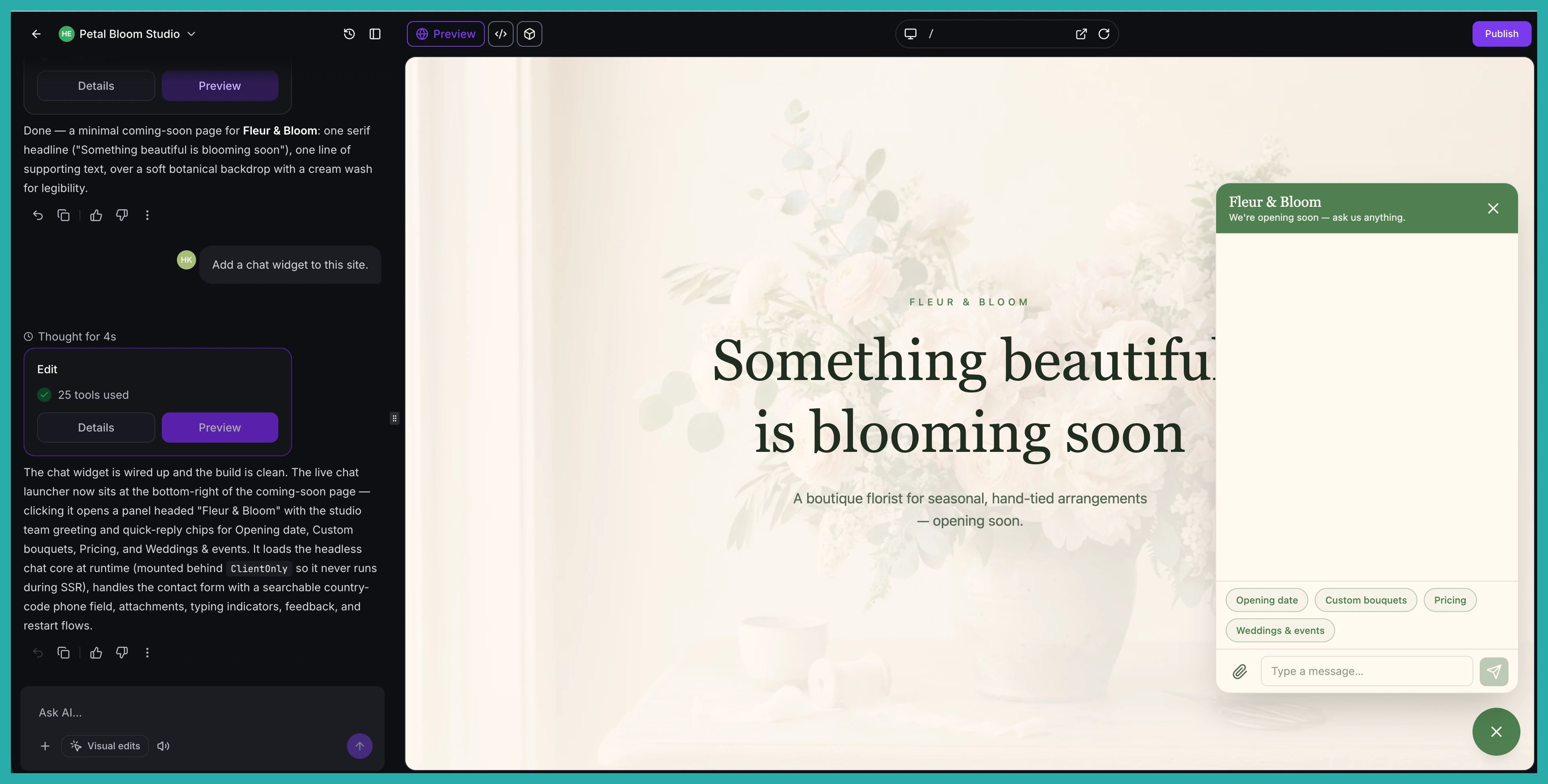 AI Studio showing a chat widget built into an app that matches the site design