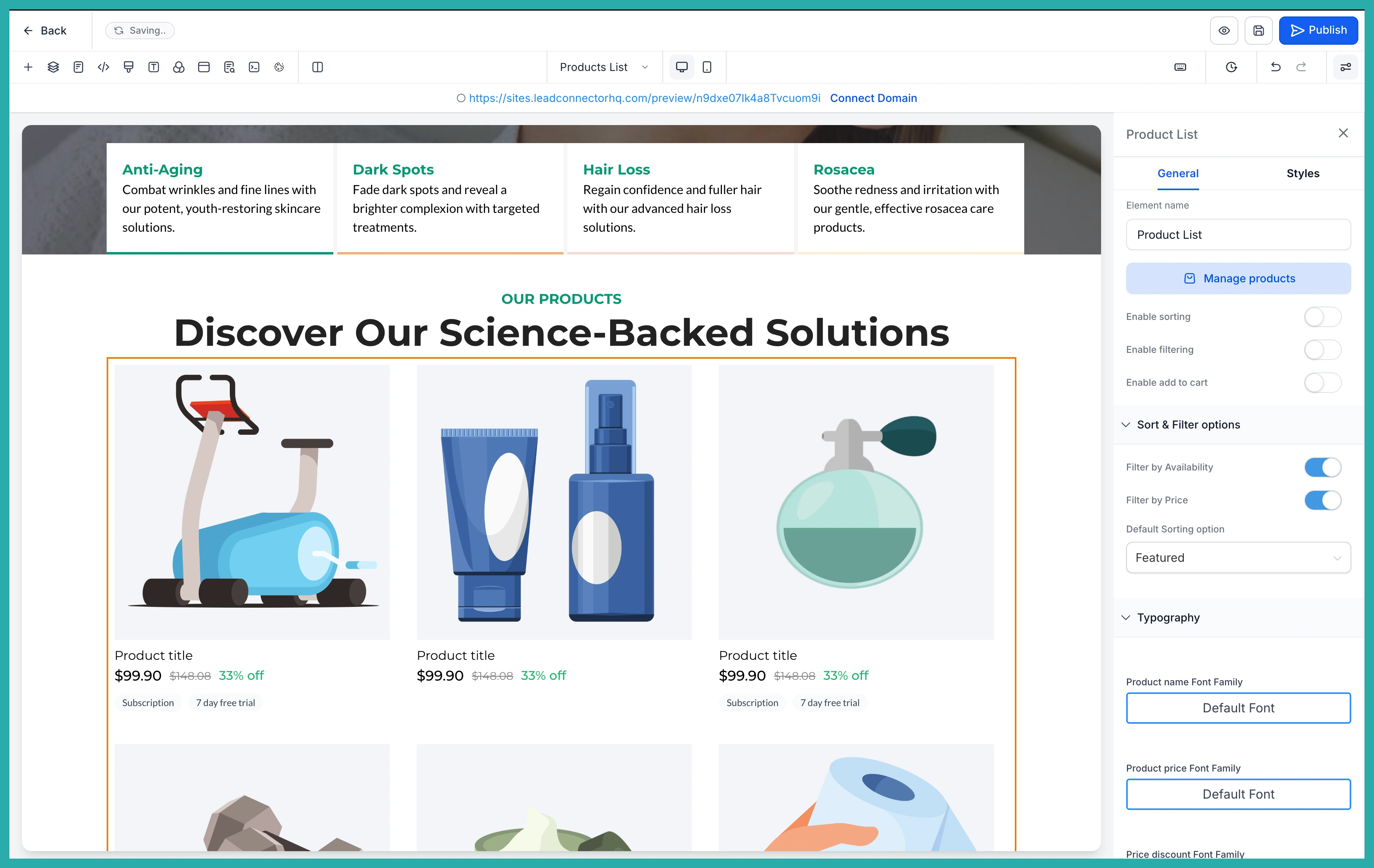 ESC Hub Store Builder showing new illustration-based placeholder images on a product page