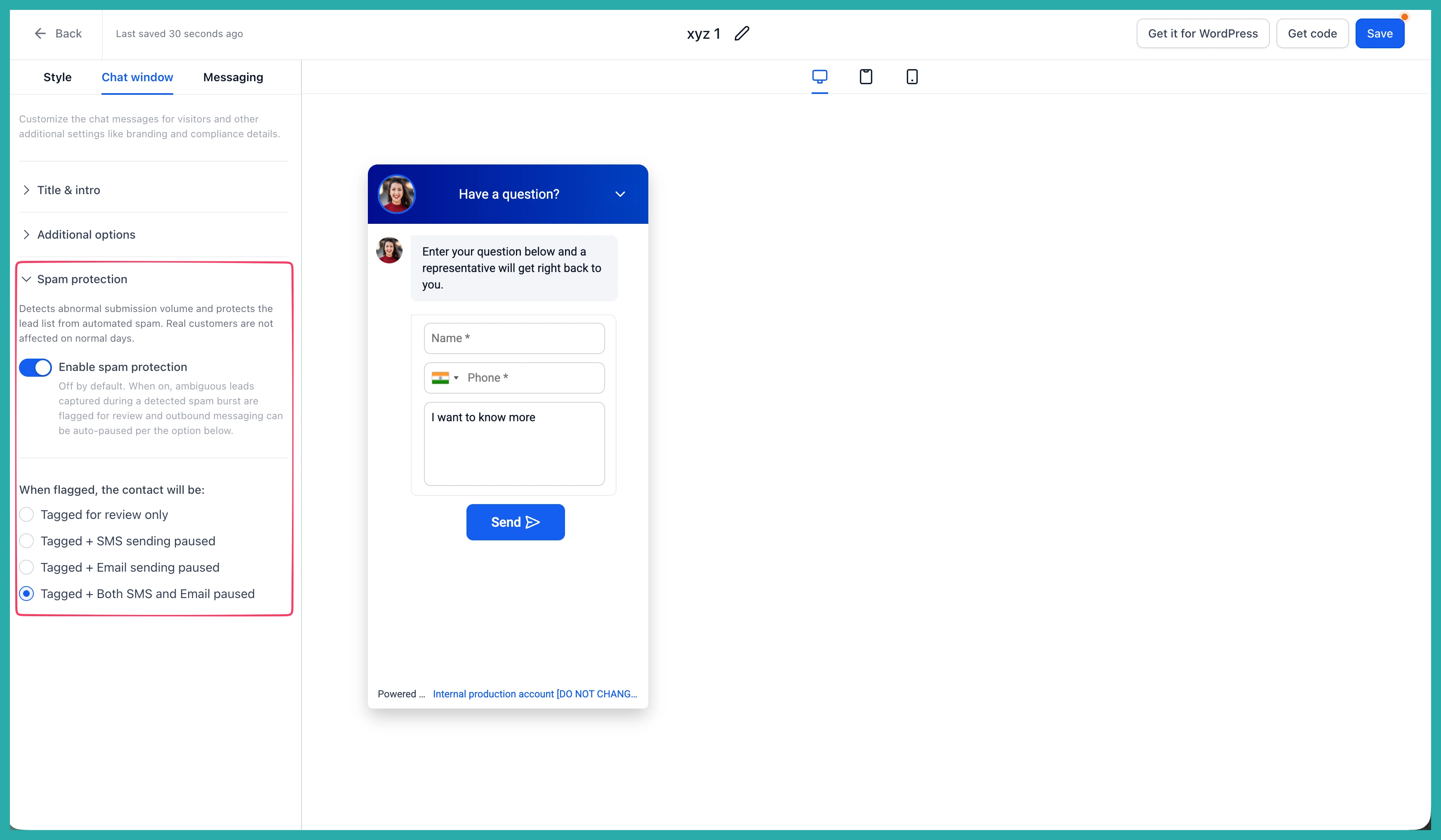 ESC Hub Chat Widget builder showing the Spam Protection settings with action options