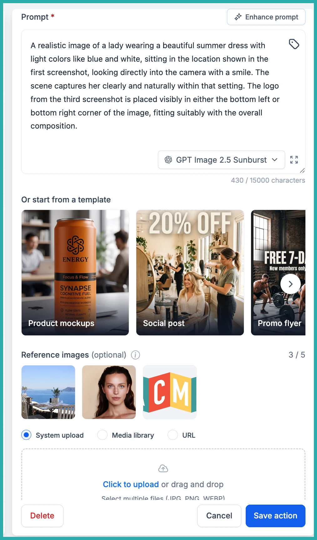 ESC Hub AI Image Generation action with reference images attached alongside a prompt