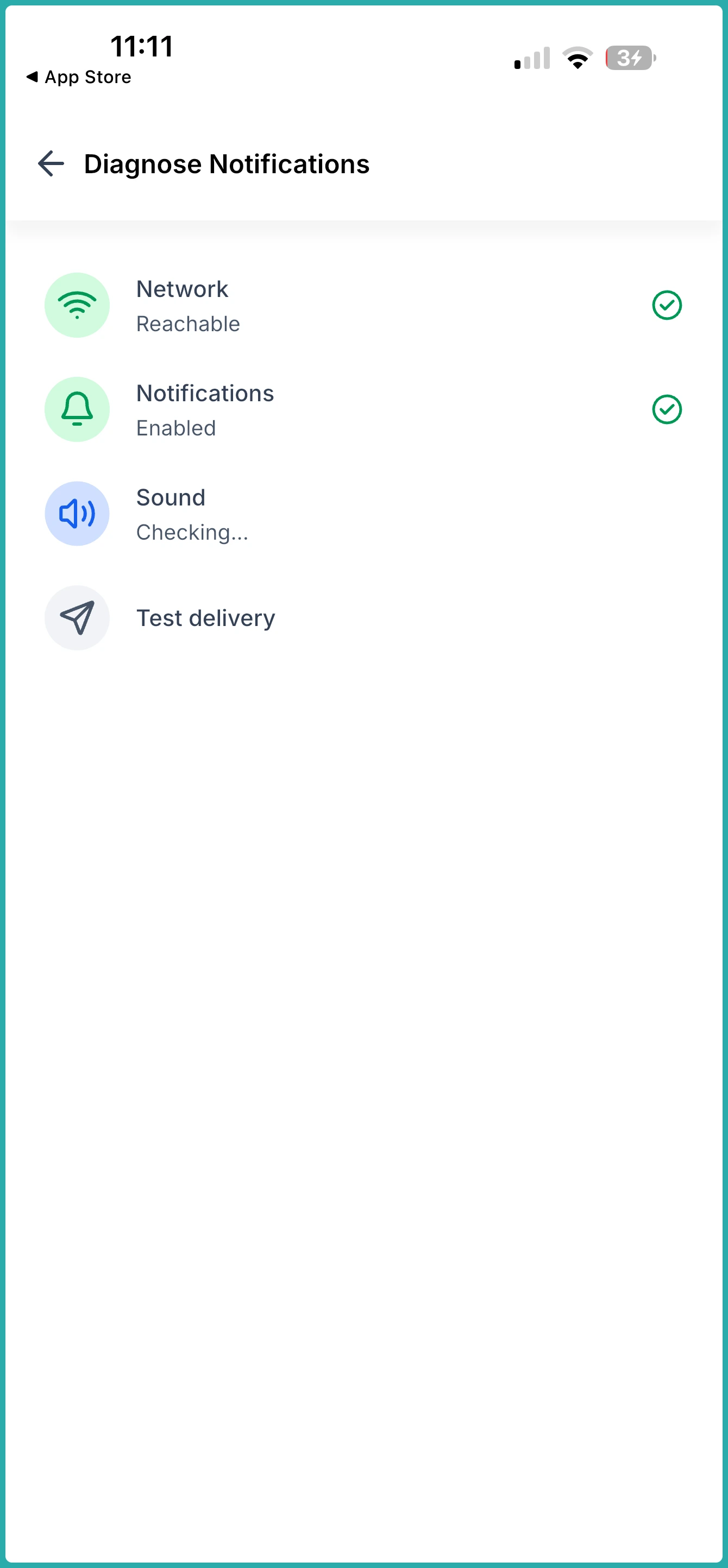 ESC Hub mobile app notification diagnosis screen showing four checks with pass or needs attention results