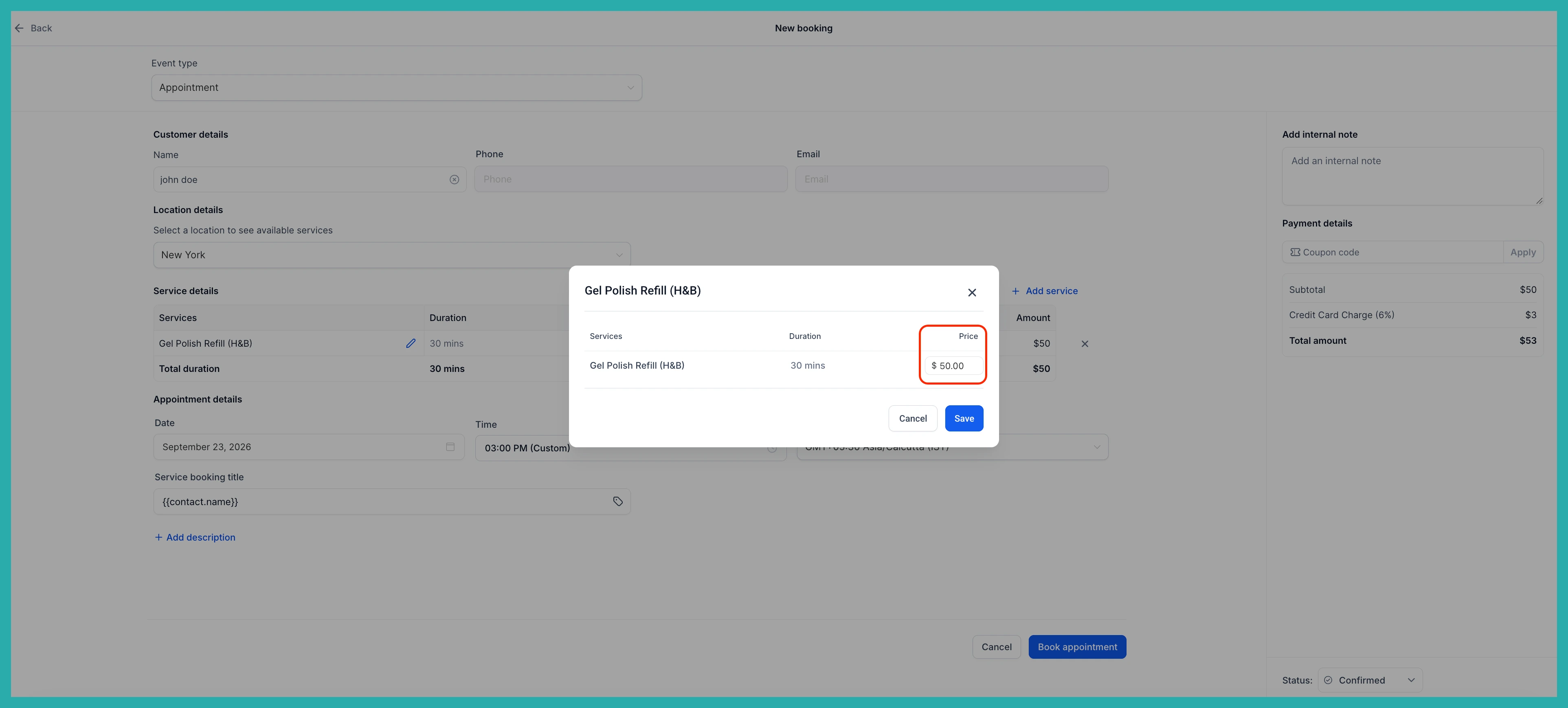 ESC Hub service appointment modal showing an editable price field with a Custom tag next to the amount