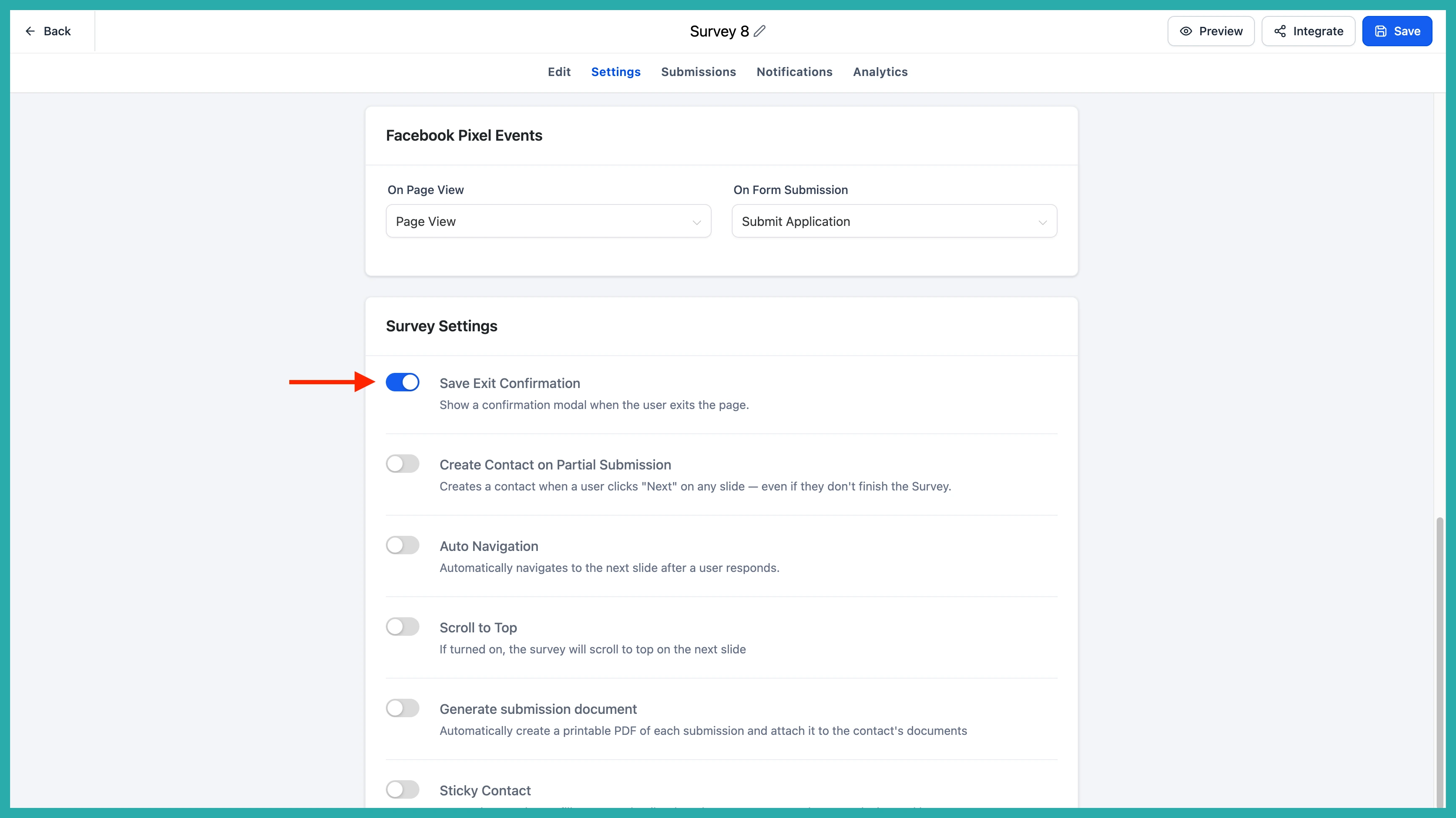 ESC Hub Settings tab showing the Save exit confirmation toggle for forms, surveys and quizzes
