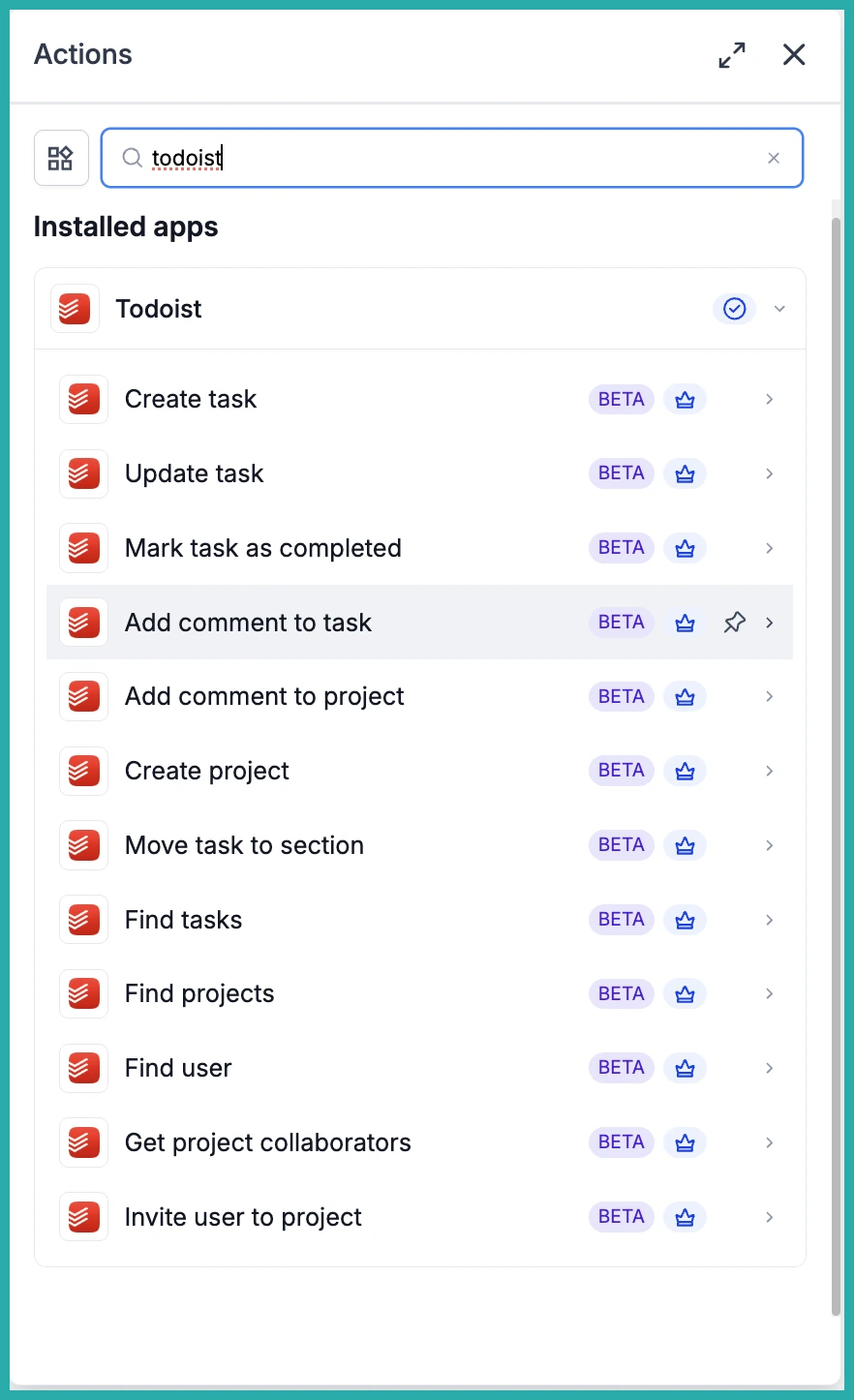 ESC Hub Workflow Builder showing the Todoist integration triggers and actions