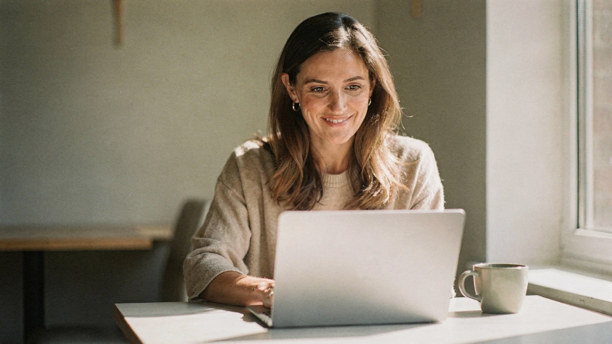 woman working calmly at a laptop in a home office - automation of manual processes giving her time back