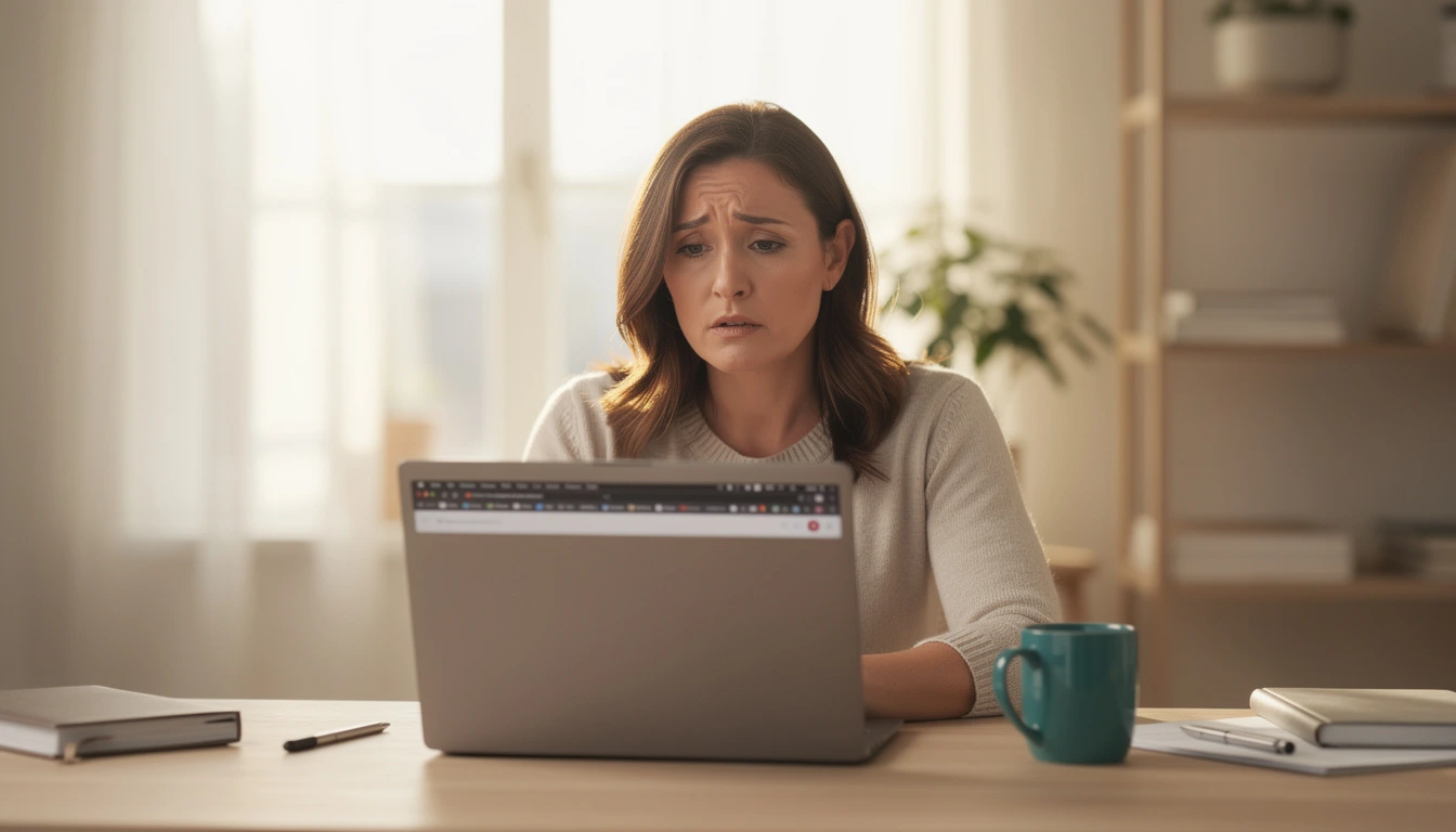 Coach feeling overwhelmed managing too many tools and browser tabs open on her computer screen