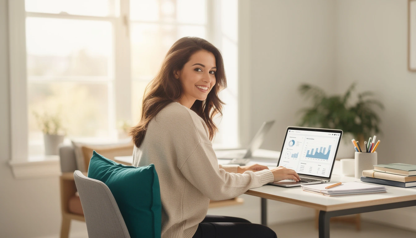 Coach looking relaxed and confident using a clean all-in-one business system on her laptop
