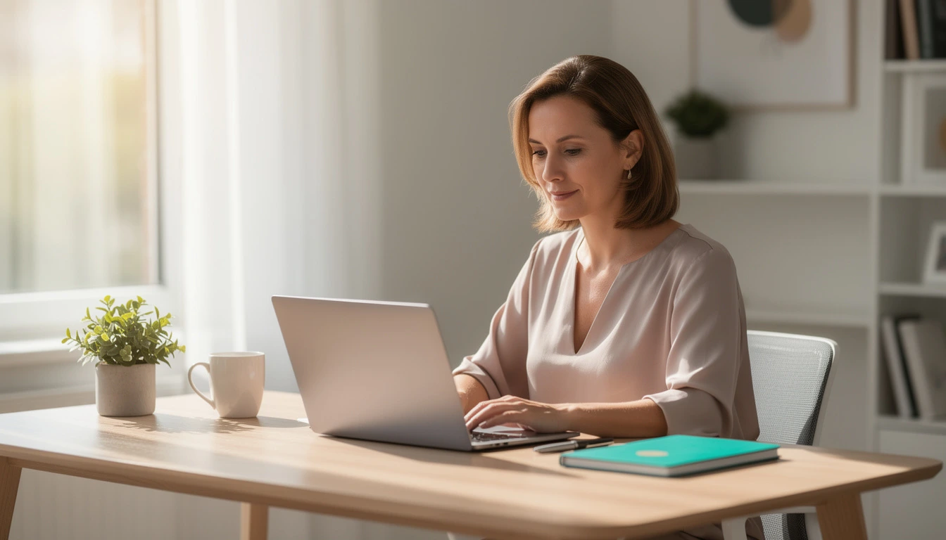 Woman coach planning her website and funnel builder setup at a clean home office desk with a laptop and notebook