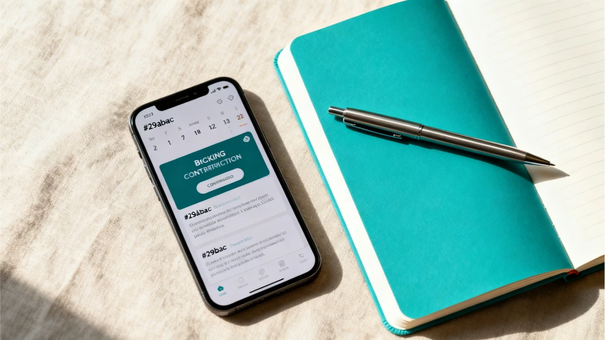 smartphone showing booking confirmation on a minimal desk with teal notebook - consultant scheduling automation
