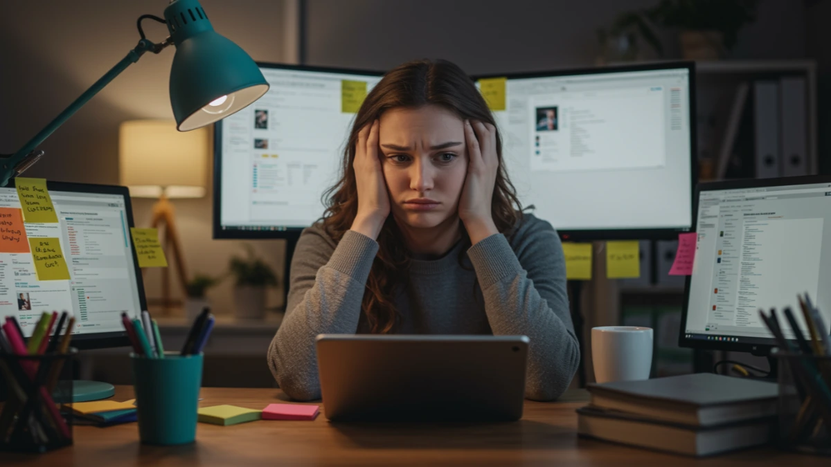 consultant looking overwhelmed juggling multiple business tools and browser tabs at a cluttered desk