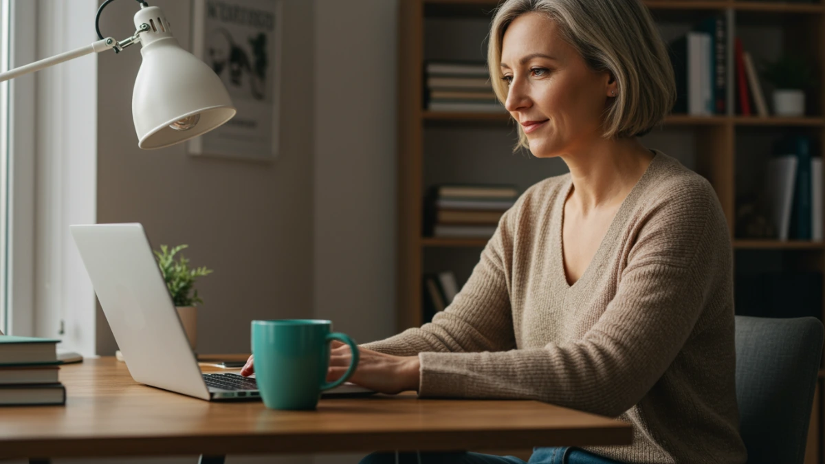 Business owner at home office desk reviewing scheduling tool options as an alternative to Calendly
